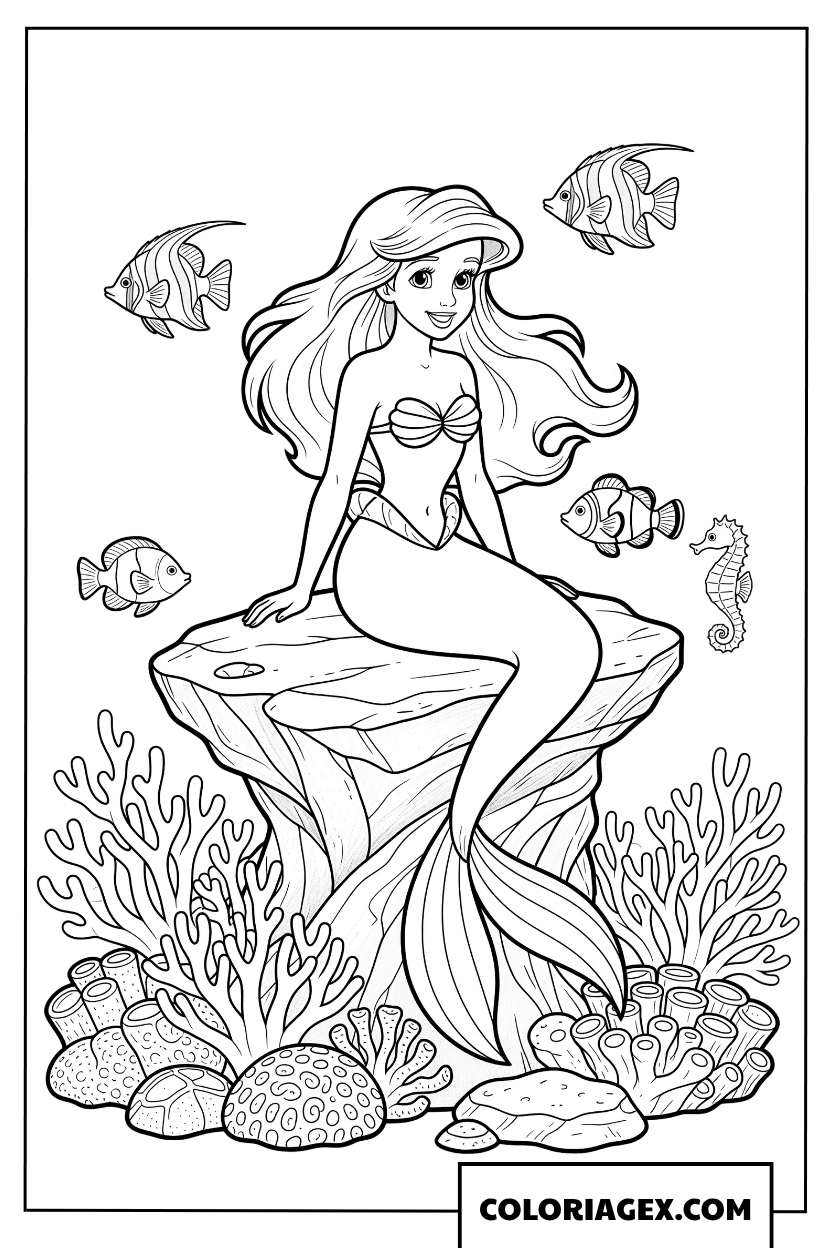 Coloriage la petite sirene Ariel sur son rocher en ete