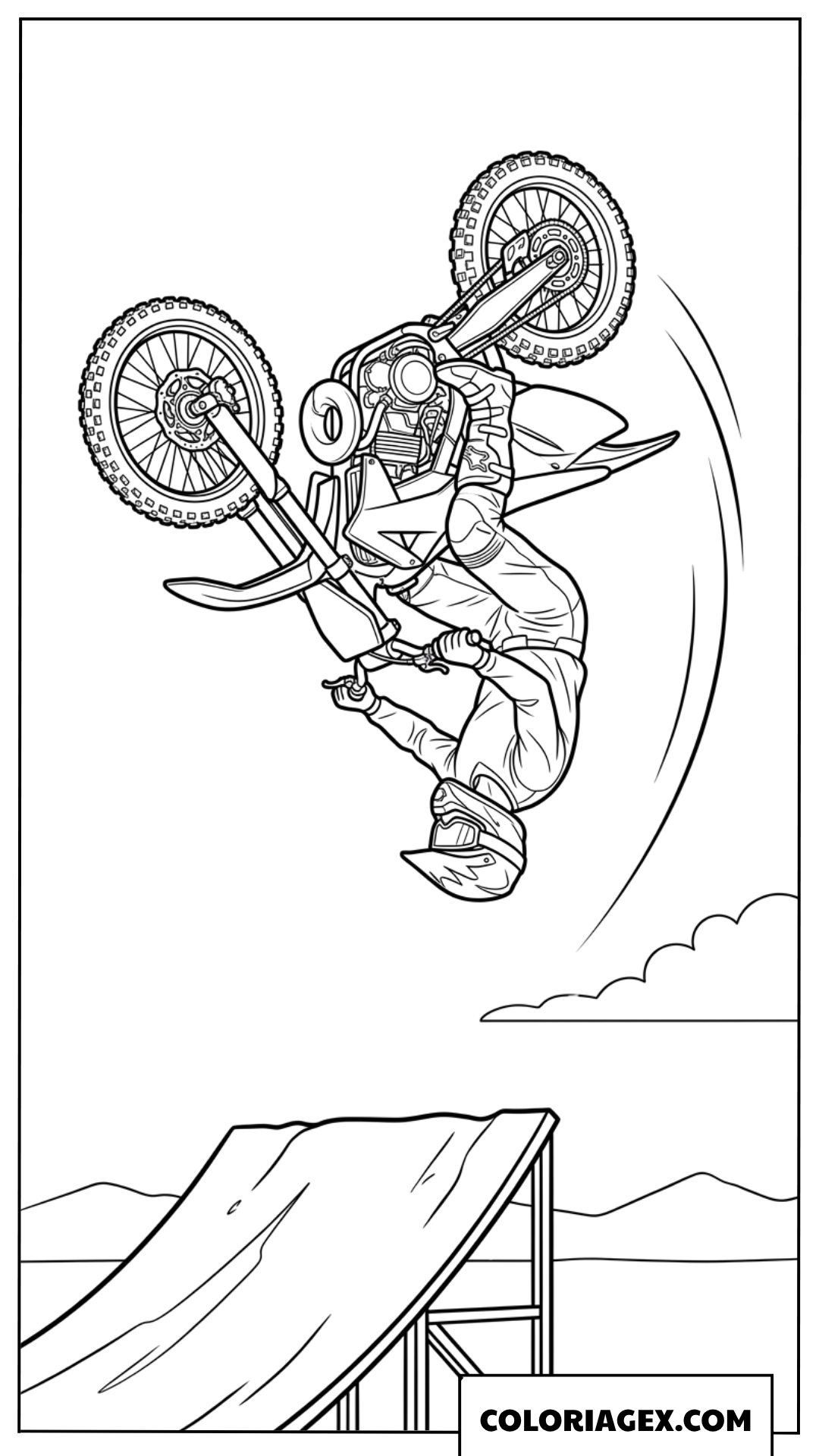 Coloriage motocross effectuant un salto arriere sur rampe