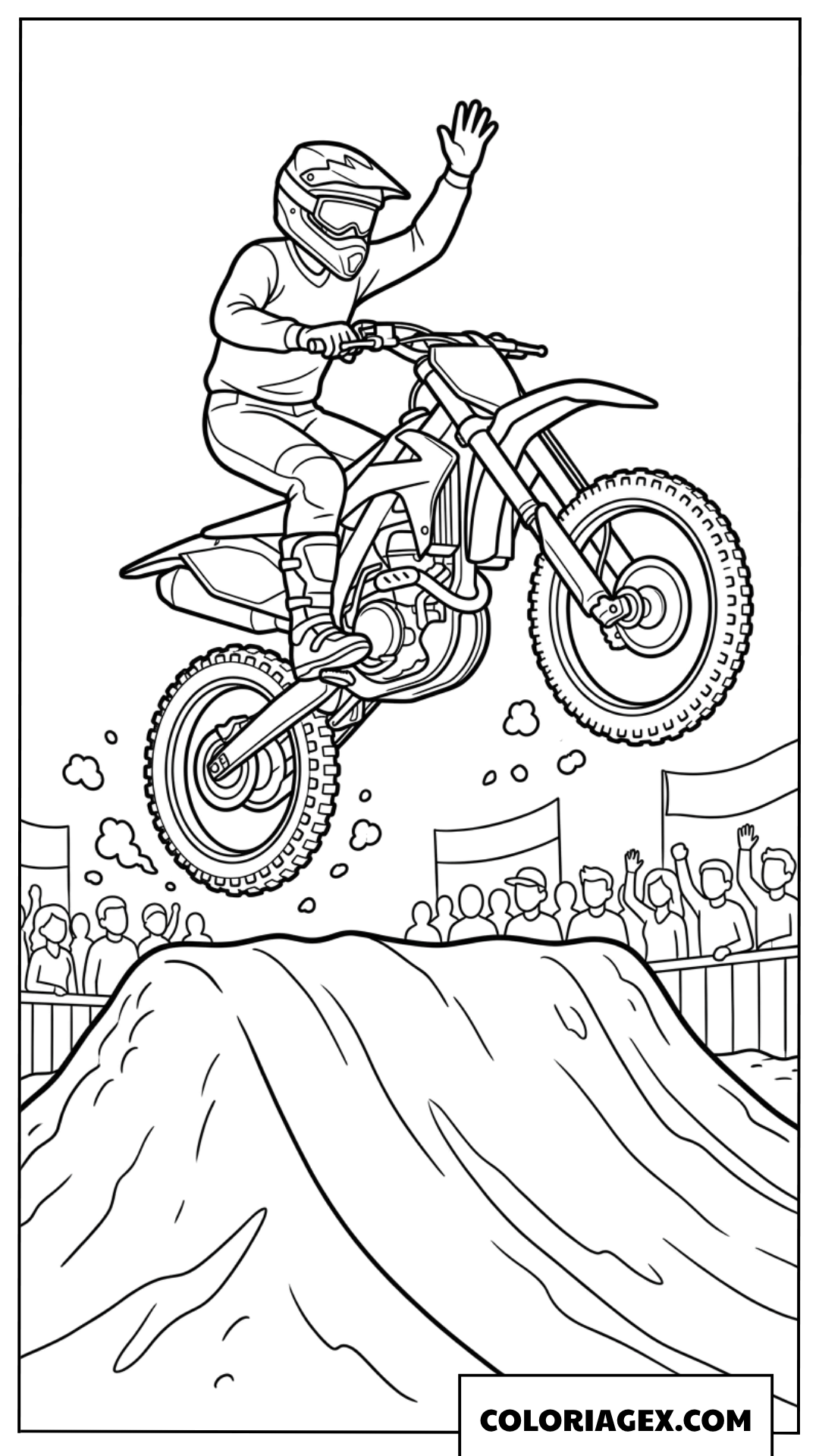 Coloriage motocross sautant par dessus une bosse avec public