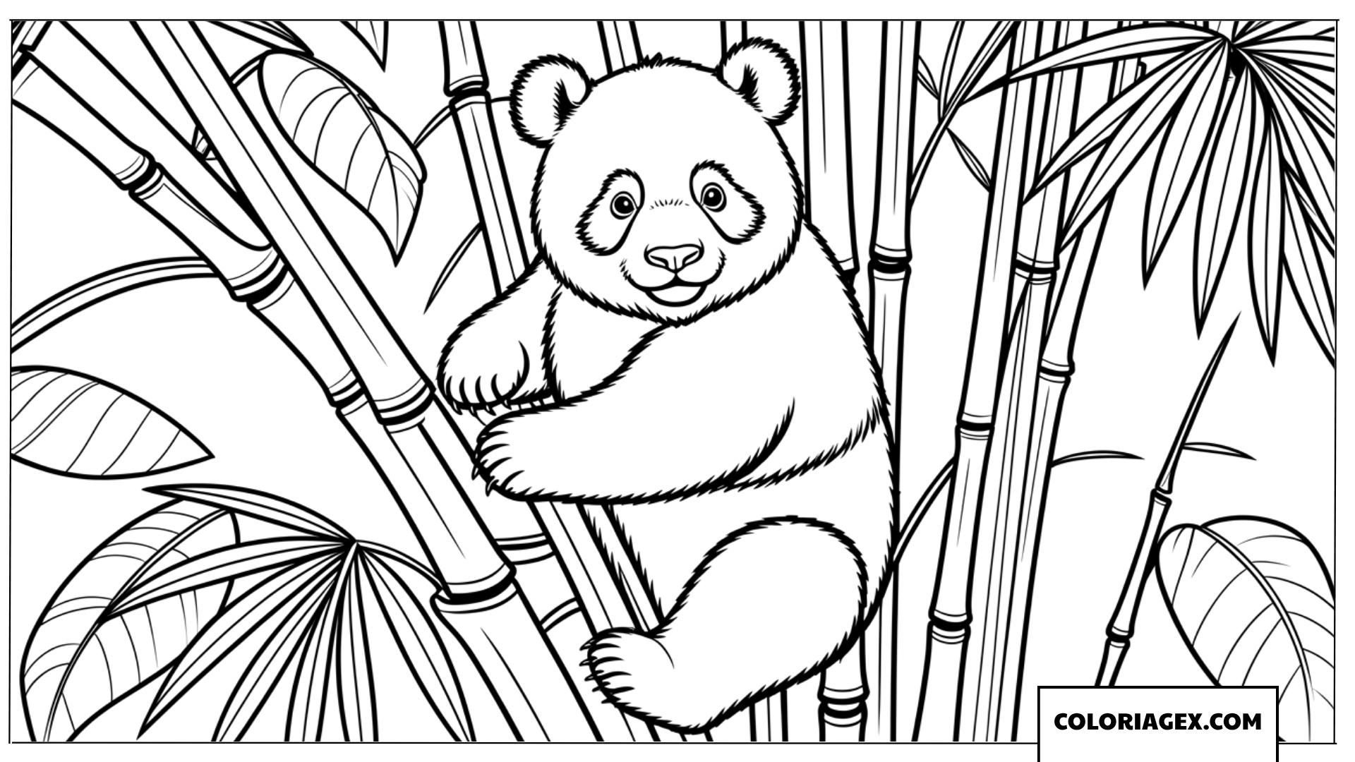Coloriage panda grimpeur sur un gros tronc de bambou dans la foret