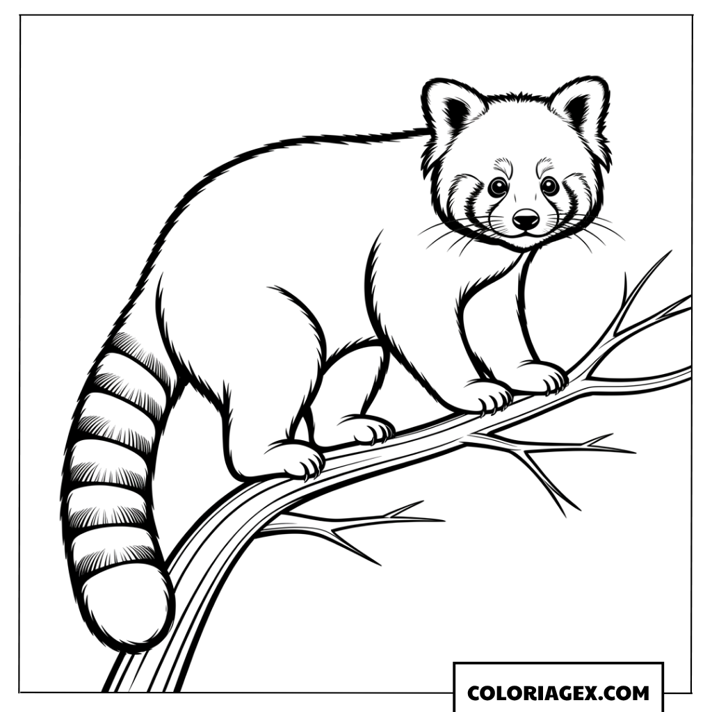 Coloriage panda roux mignon en equilibre sur une branche arbre