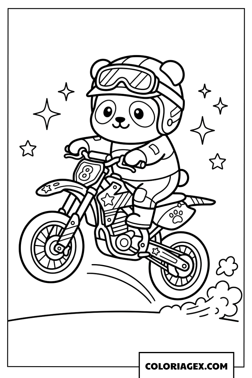 Coloriage petit panda en equipement pilotant une motocross