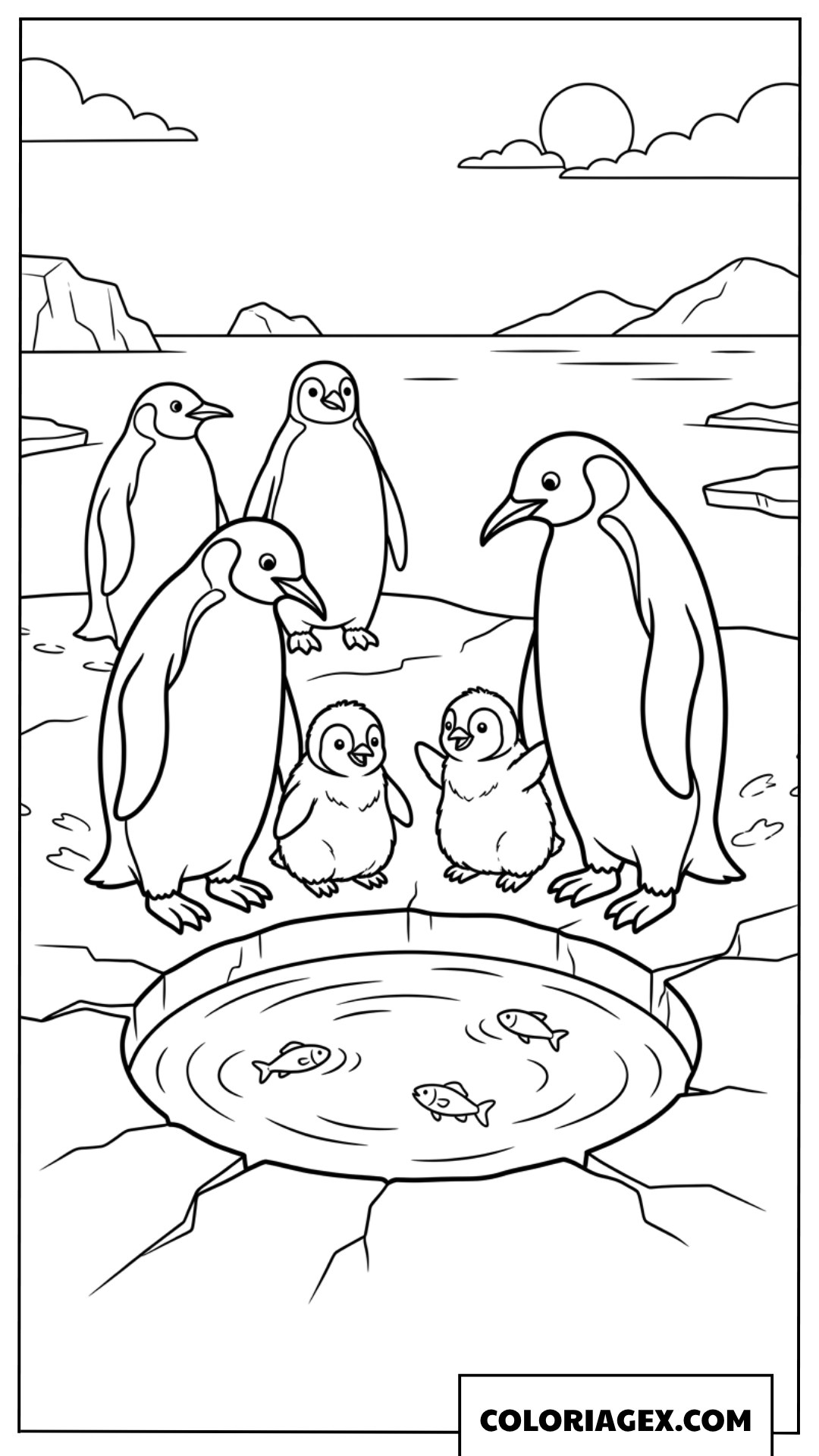 Coloriage pingouins observant les poissons dans le trou d eau
