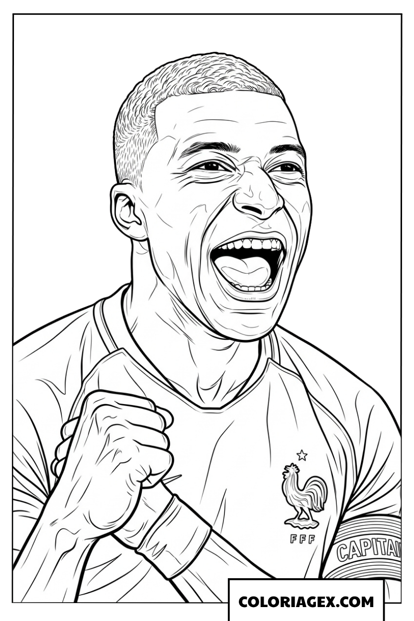 Coloriage portrait de Mbappe criant sa joie