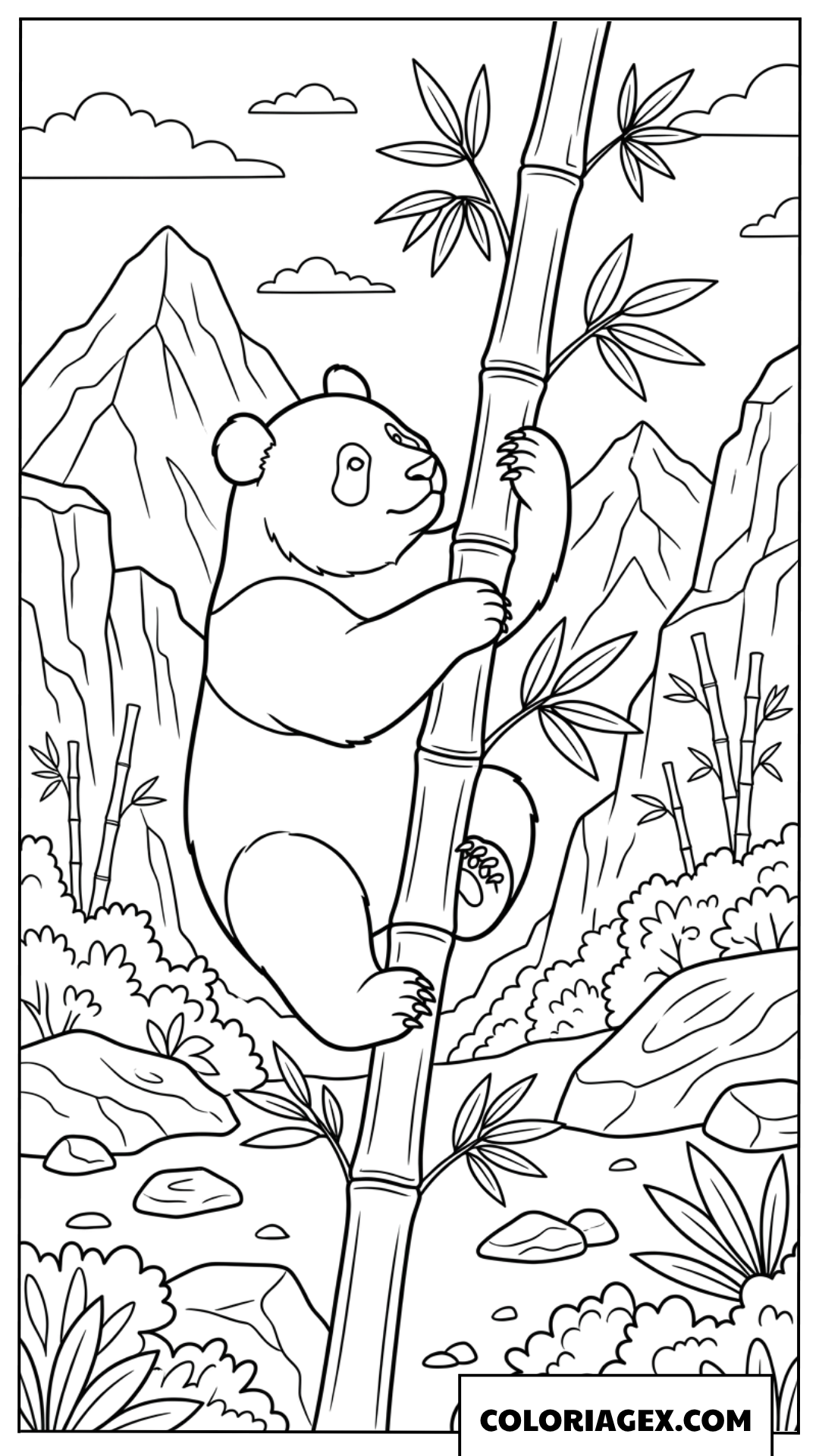 Coloriage realiste d un panda grimpant sur un tronc de bambou