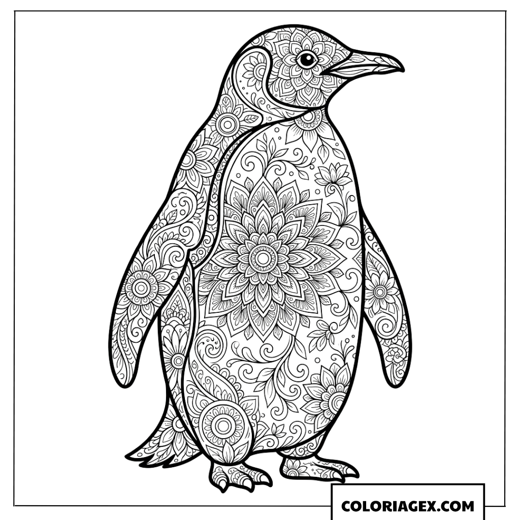 Coloriage silhouette de pingouin aux motifs de mandala floral raffiné