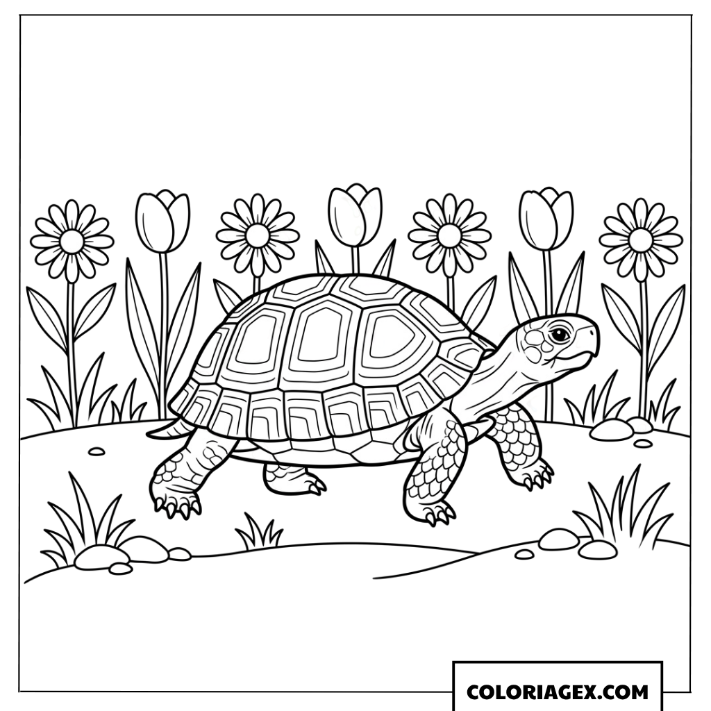Coloriage tortue marchant a cote des fleurs de printemps