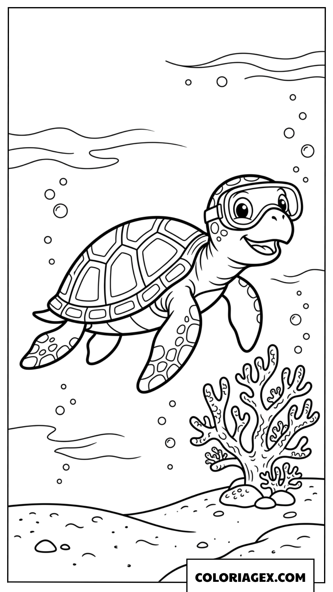 Coloriage tortue marine avec masque de plongée près du corail
