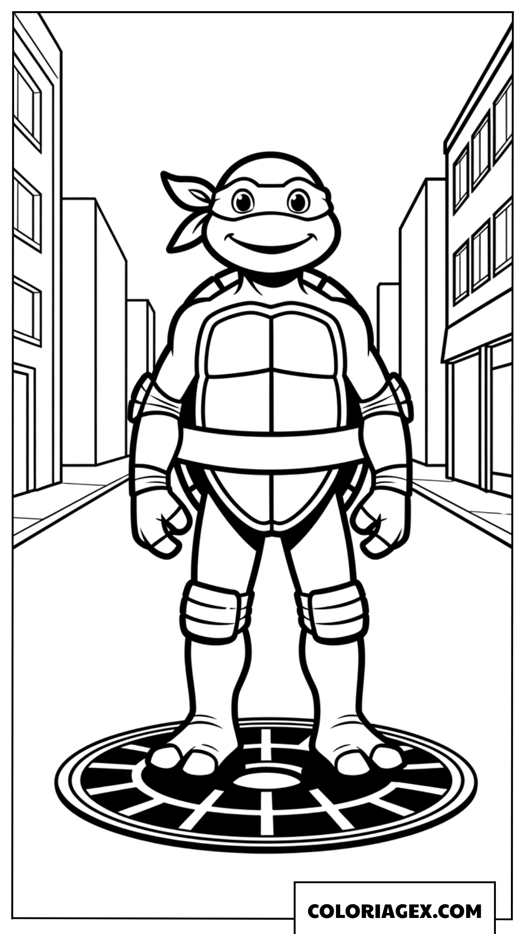 Coloriage tortue ninja debout dans la rue de la ville
