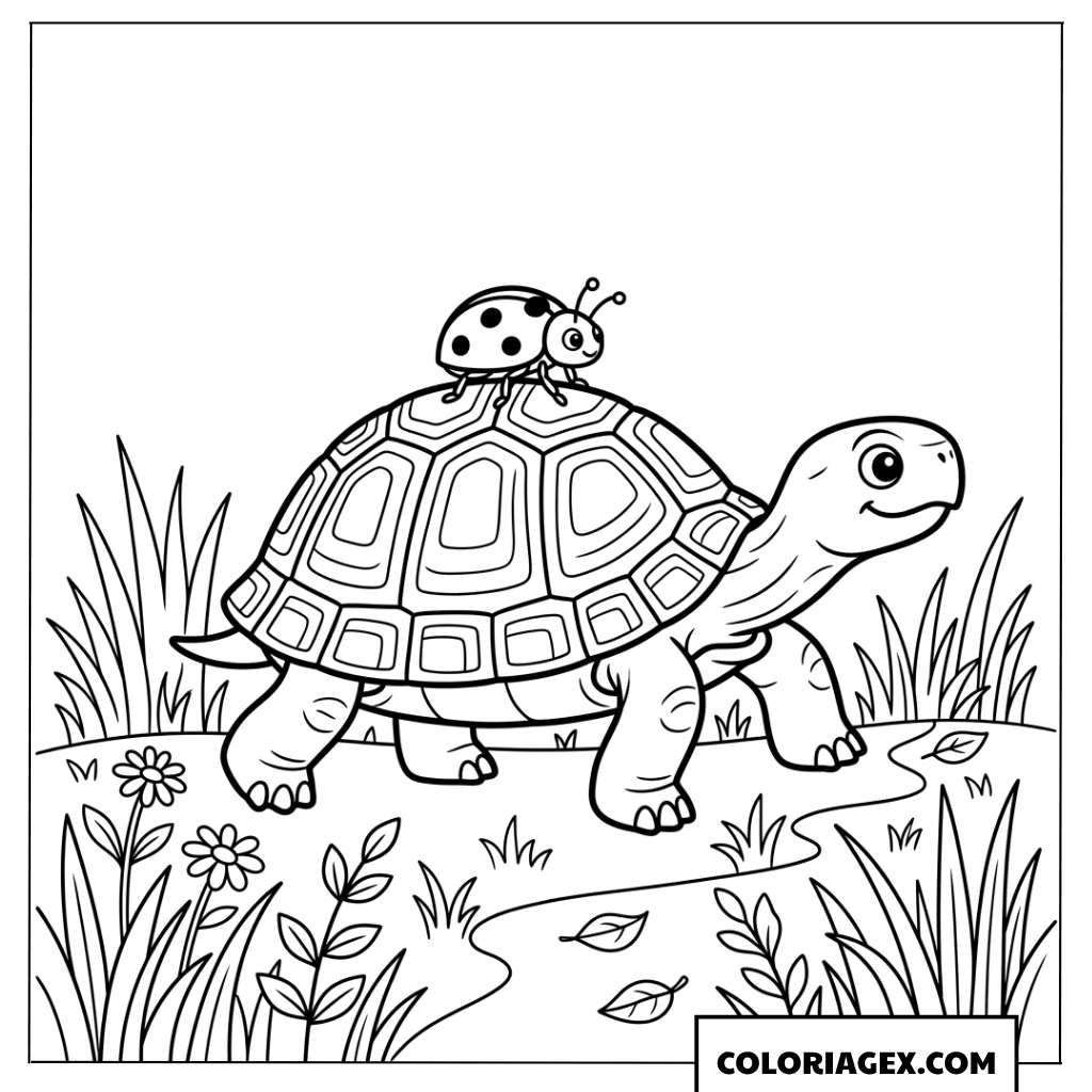 Coloriage tortue portant une coccinelle sur sa carapace