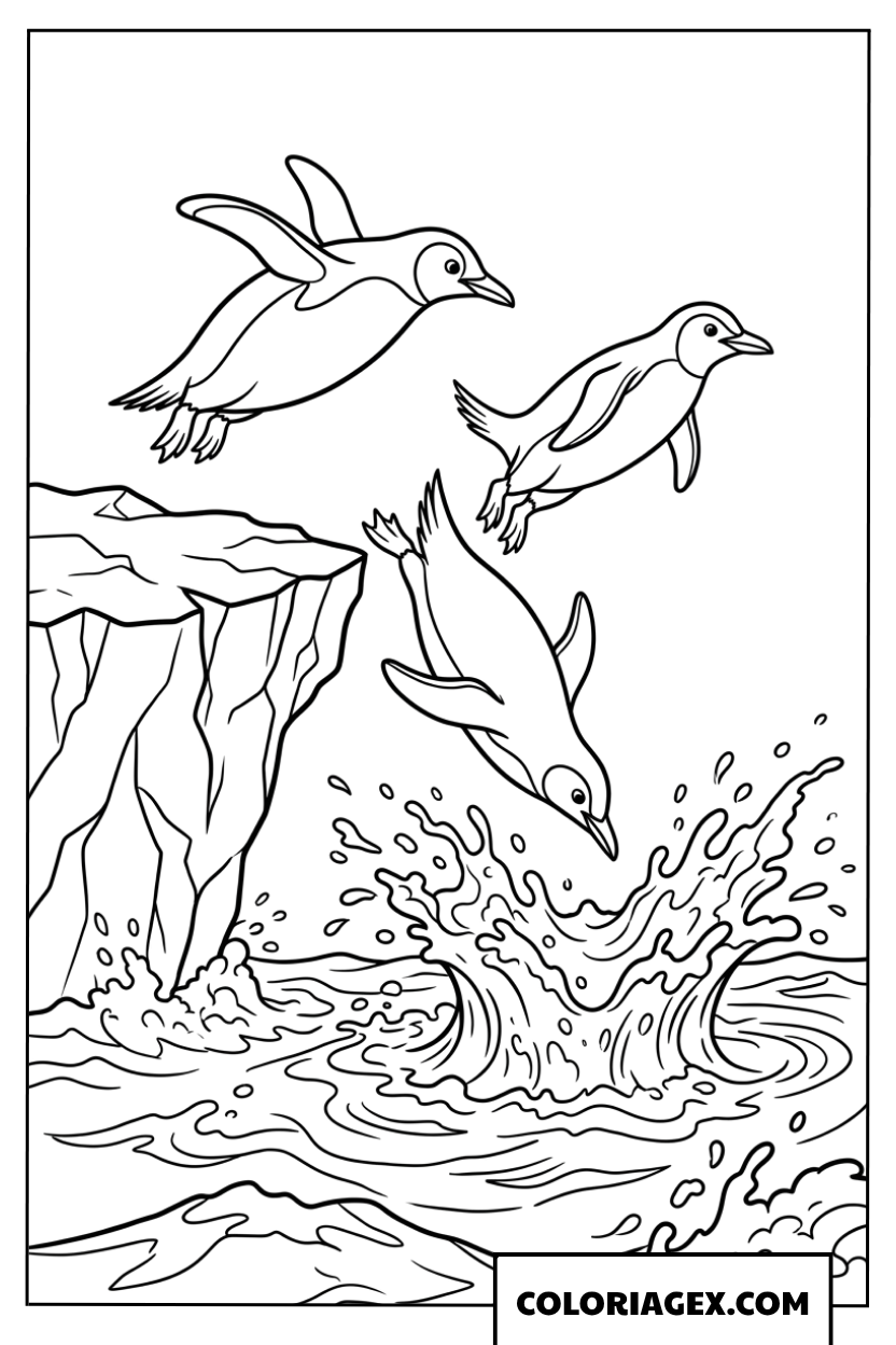 Coloriage trois joyeux pingouins sautant d'un iceberg dans la mer