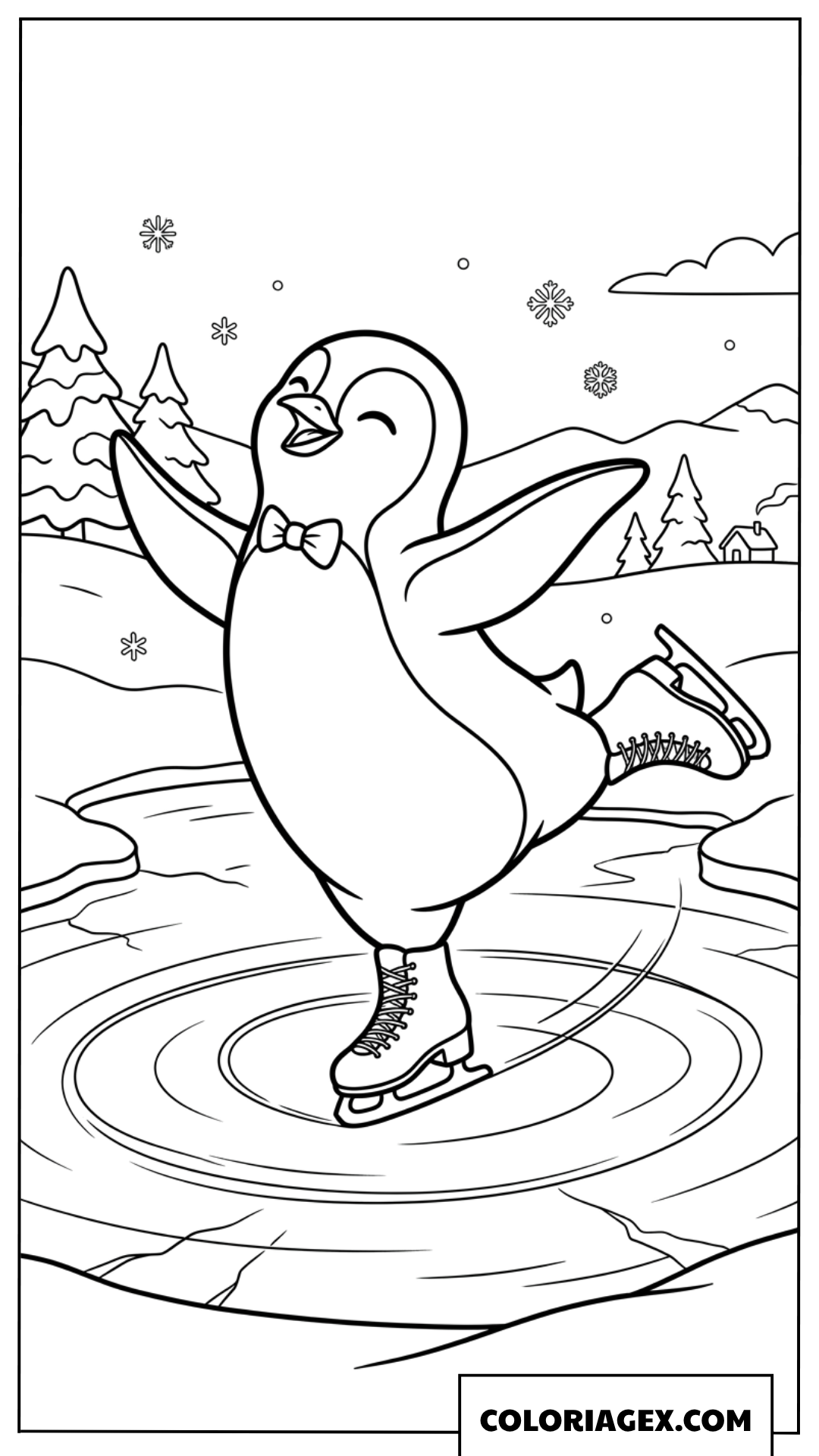 Coloriage un manchot joyeux faisant du patin à glace en hiver