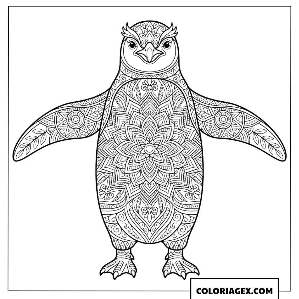 Coloriage un manchot mandala tribal symétrique et artistique