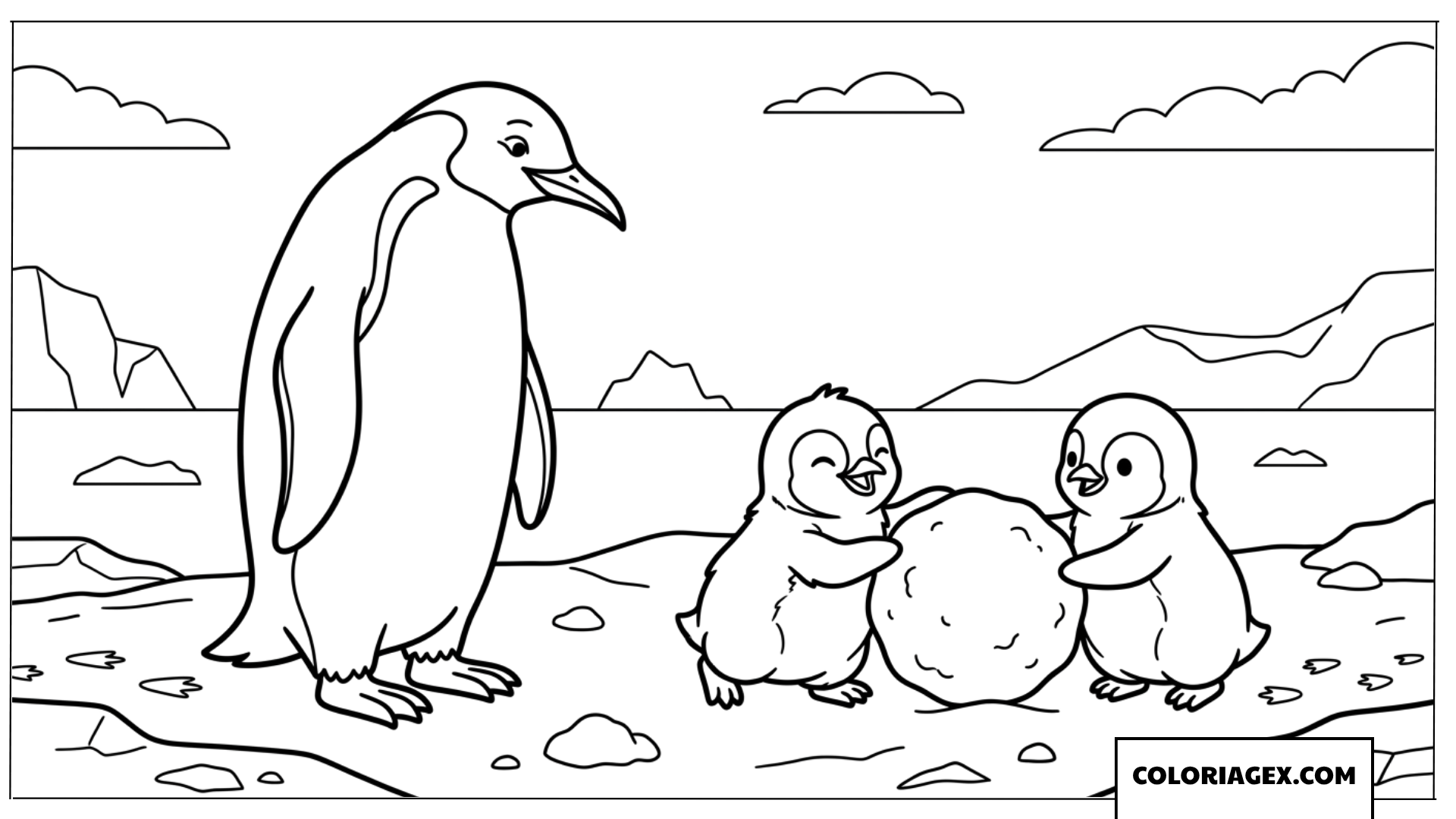 Coloriage un père manchot regardant ses poussins jouer avec une boule de neige