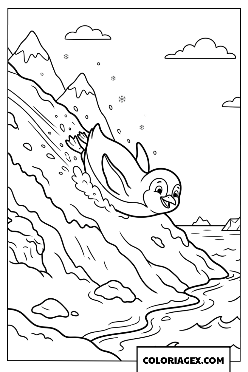 Coloriage un petit pingouin glissant sur une colline enneigée