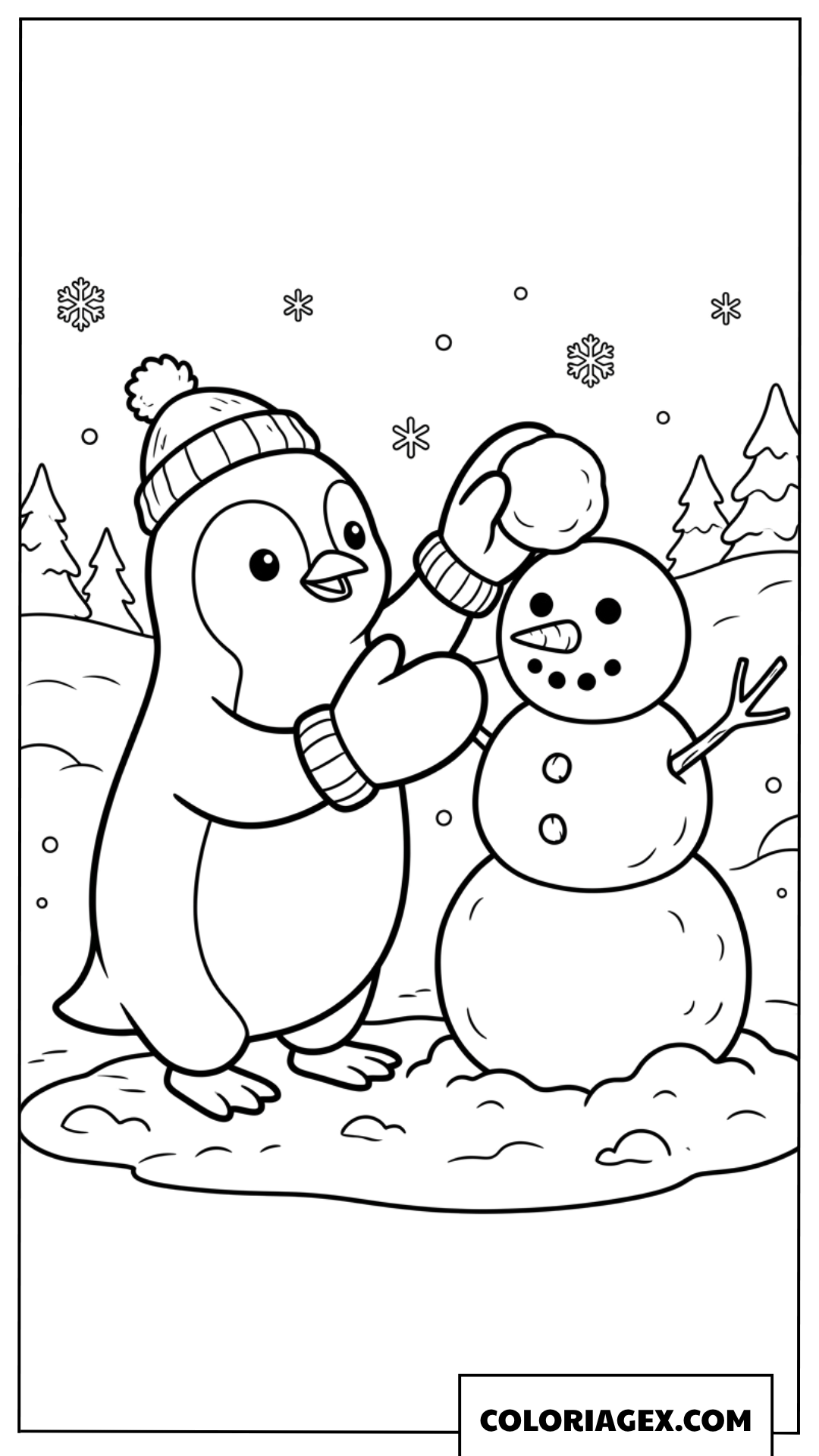 Coloriage un pingouin mignon qui fabrique un bonhomme de neige