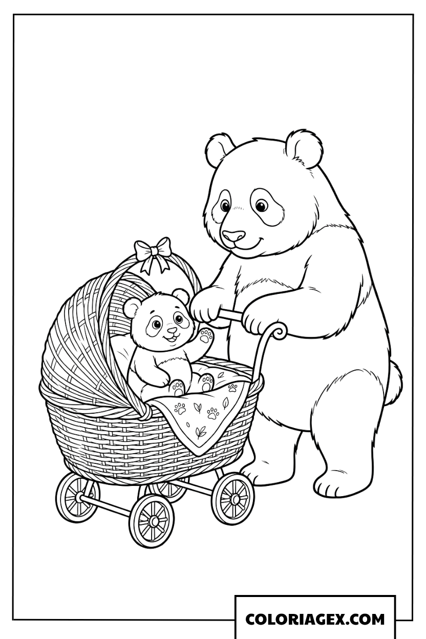 Dessin Bébé panda mignon assis dans un landau en osier