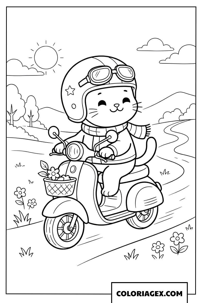 Dessin Chat Mignon Conduisant Scooter Campagne