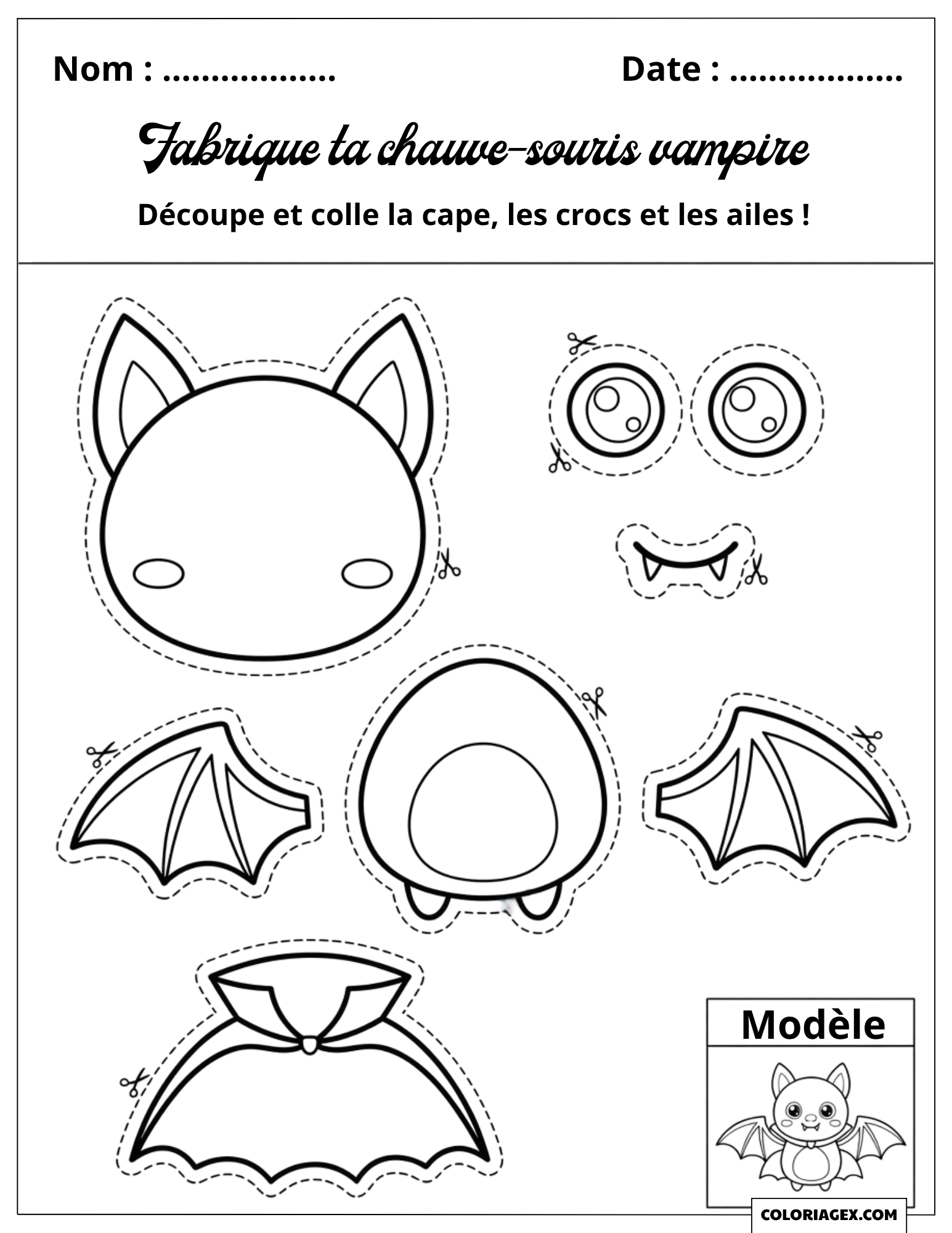 Dessin Chauve-souris Vampire à Imprimer et Colorier, Découper et Coller