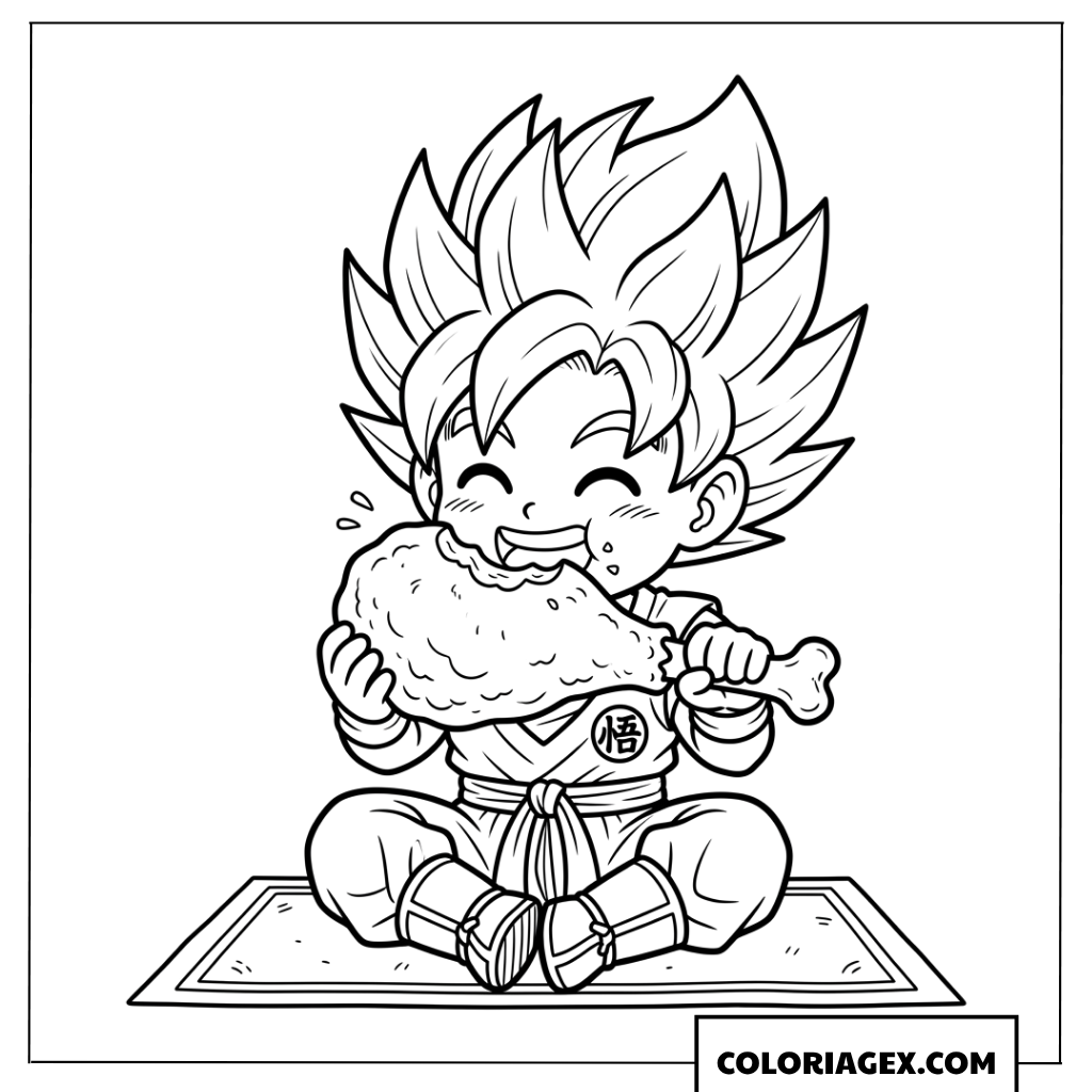 Dessin Chibi Goku Super Saiyan mangeant une cuisse de poulet