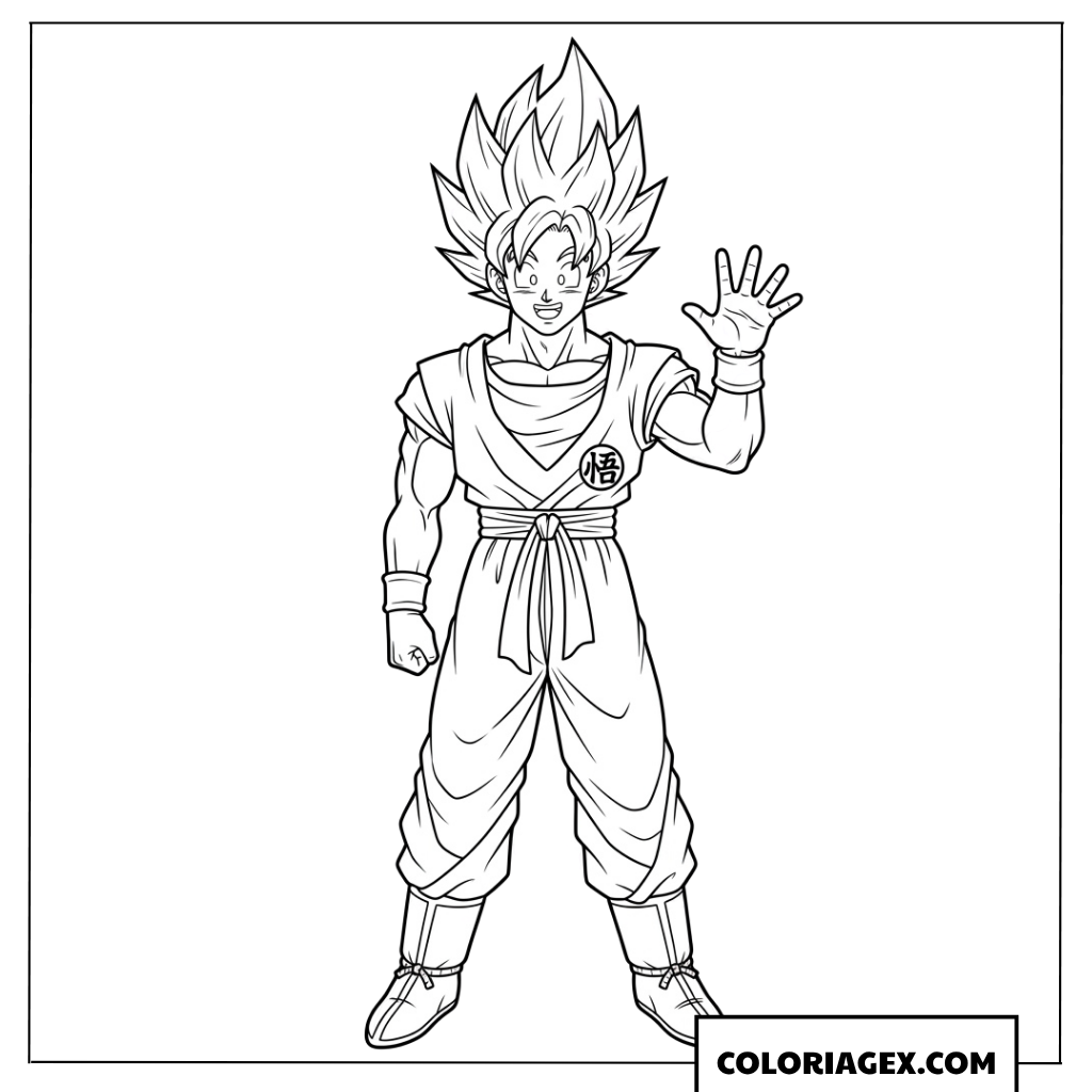 Dessin Goku Super Saiyan saluant amicalement de la main