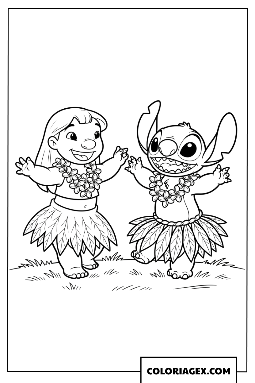 Dessin Lilo et Stitch dansant la hula traditionnelle en ete