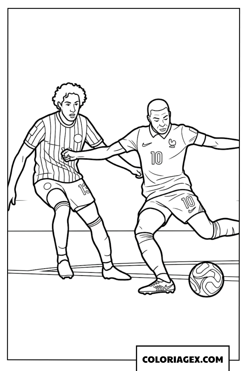 Dessin Mbappe numero 10 frappe le ballon au but a colorier