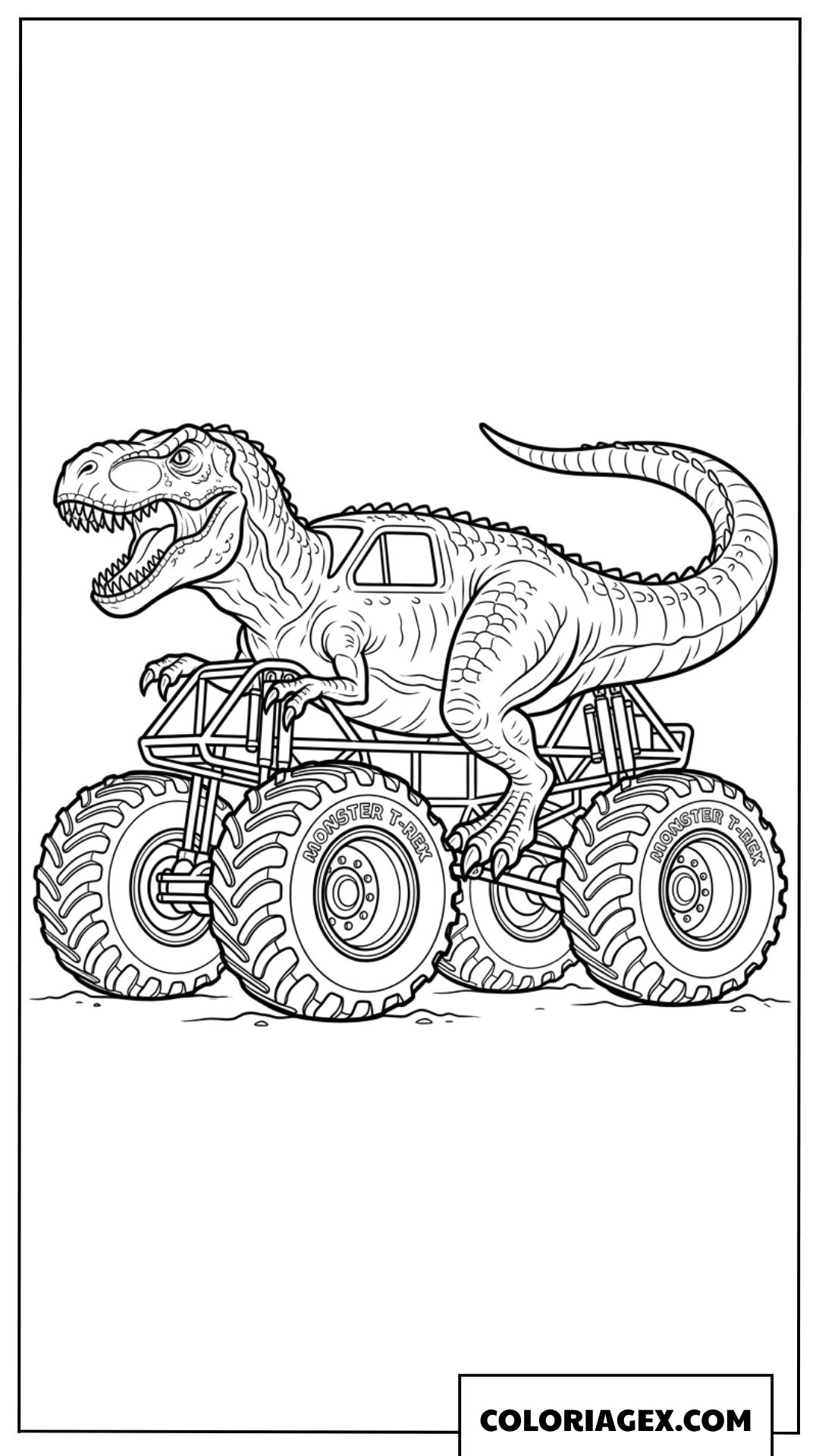 Dessin Monster Truck T Rex avec une grande machoire ouverte