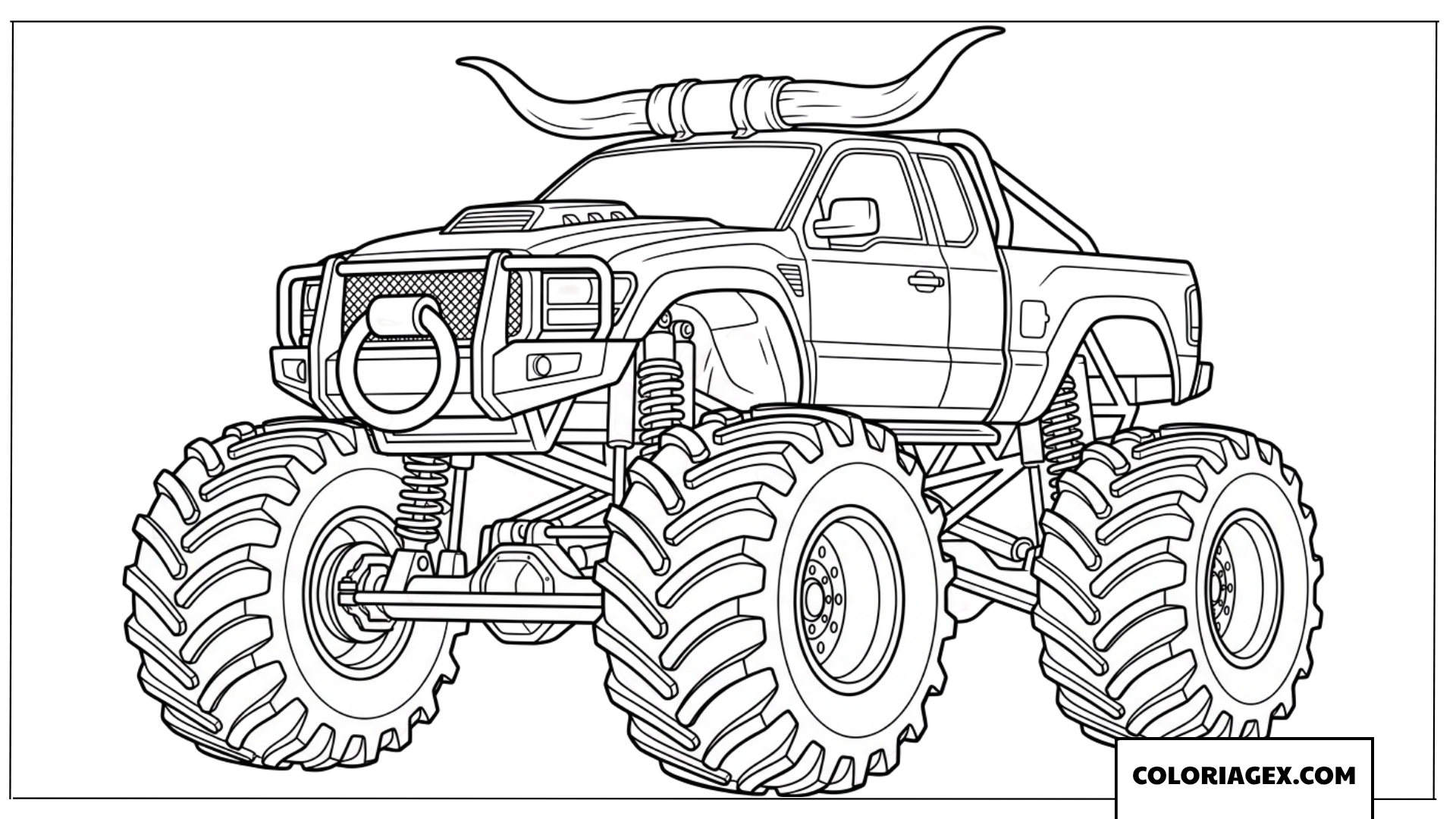 Dessin Monster Truck avec des cornes de taureau sur le toit