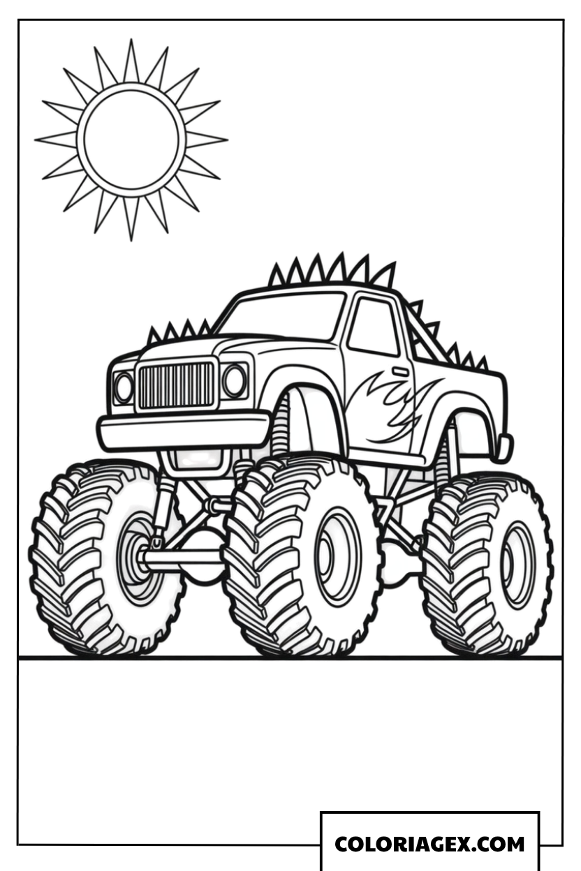 Dessin Monster Truck avec des pointes et un grand soleil