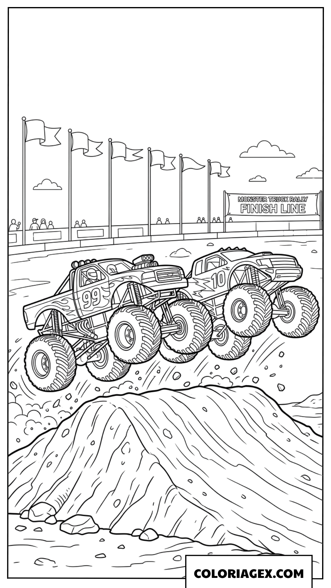 Dessin Monster Truck course de vitesse vers la ligne darrivee