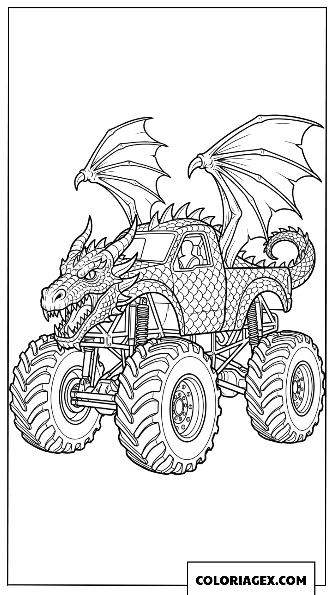 Dessin Monster Truck en forme de dragon avec des ailes