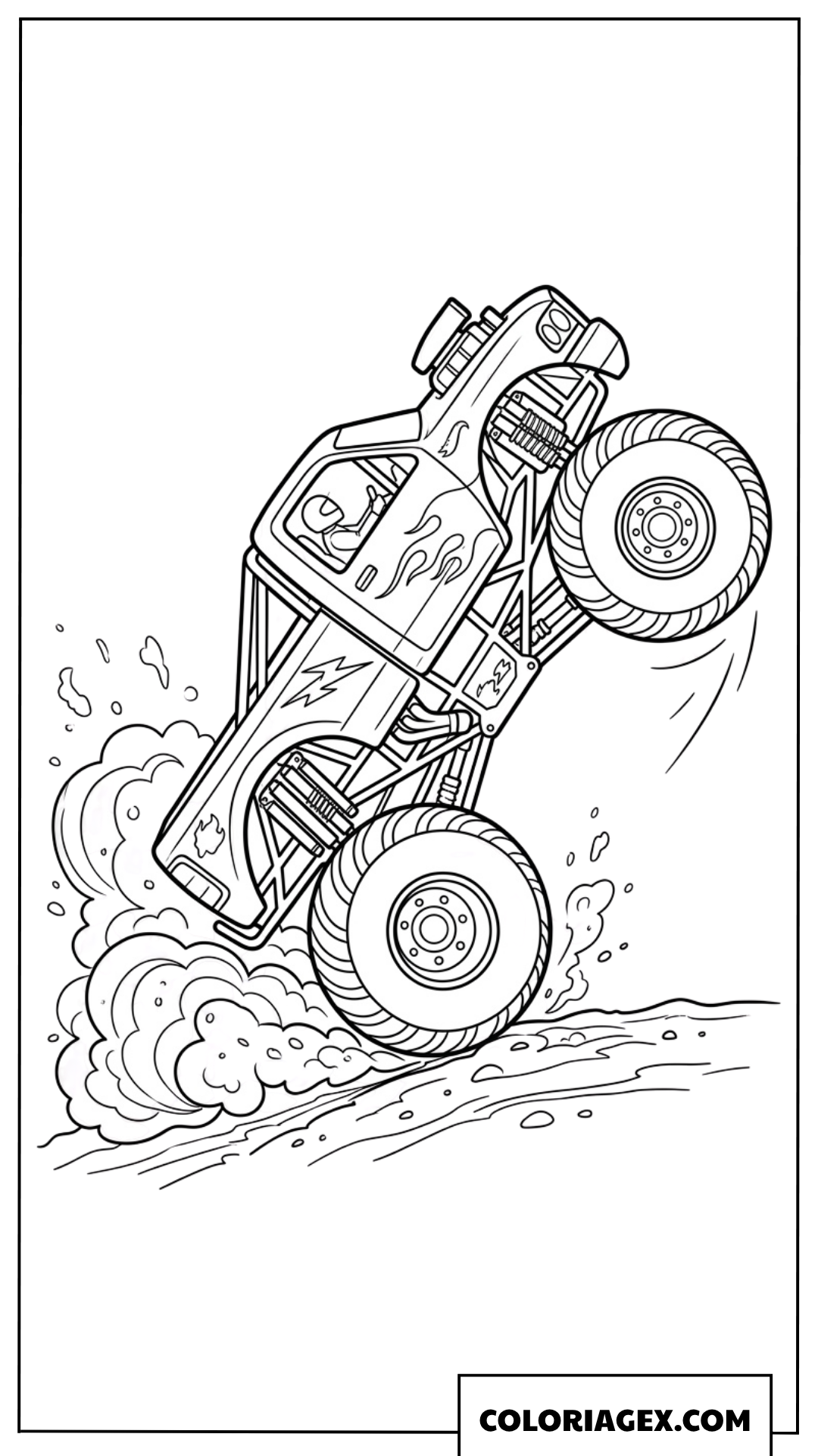 Dessin Monster Truck en plein wheelie avec de la fumee