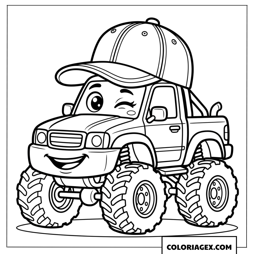 Dessin Monster Truck rigolo avec casquette pour enfant