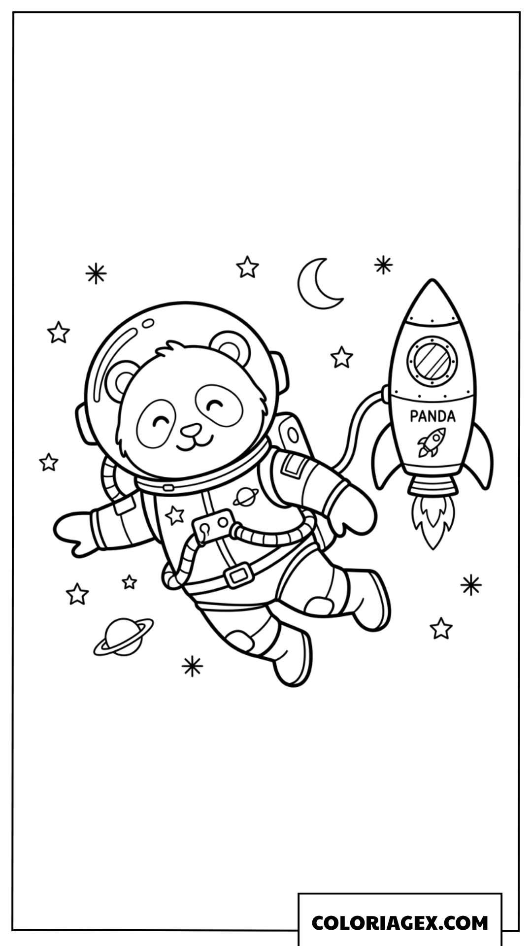Dessin Panda astronaute dans l espace a cote d une fusee