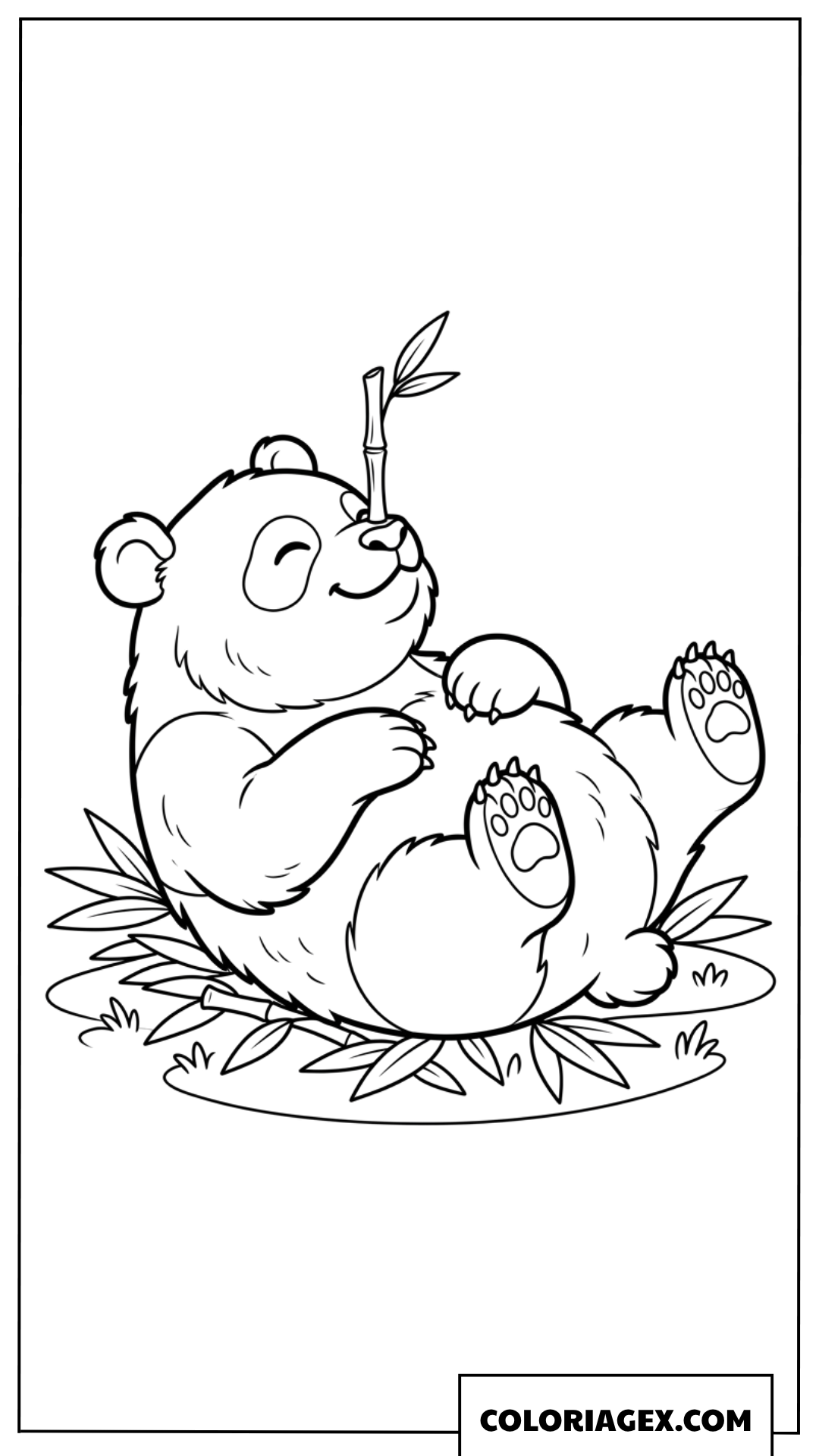 Dessin Panda mignon allonge sur l herbe jouant avec du bambou