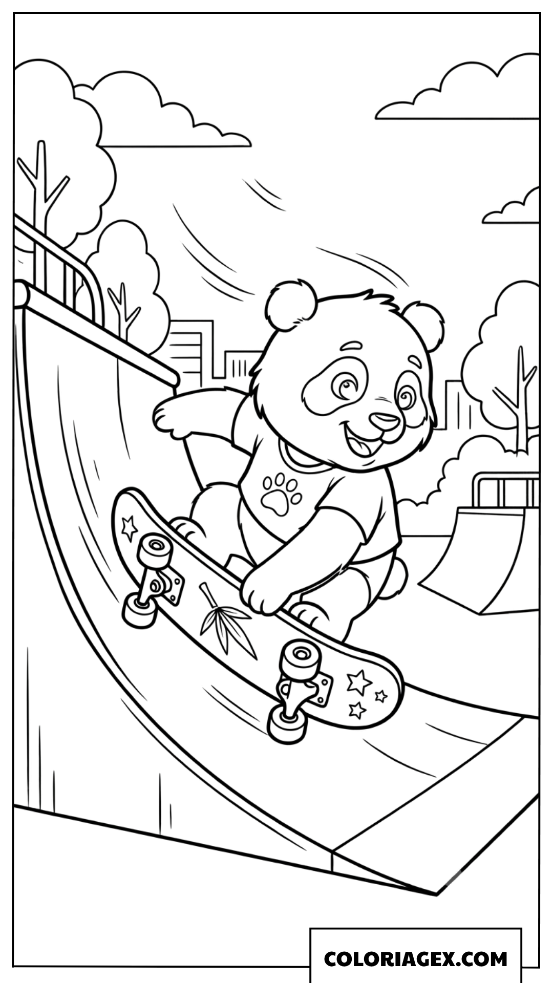 Dessin Panda mignon faisant du skateboard sur une rampe de parc