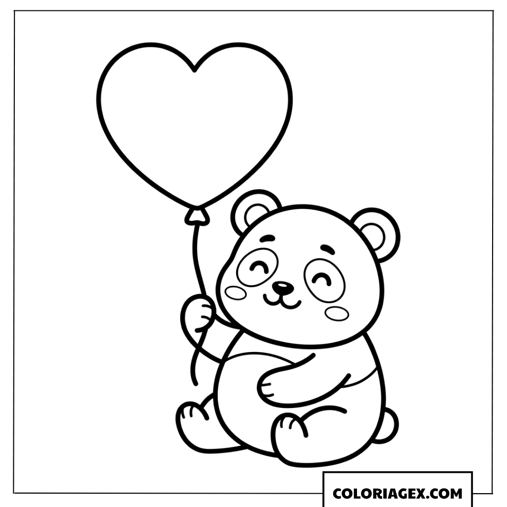 Dessin Panda mignon tenant un ballon en forme de coeur