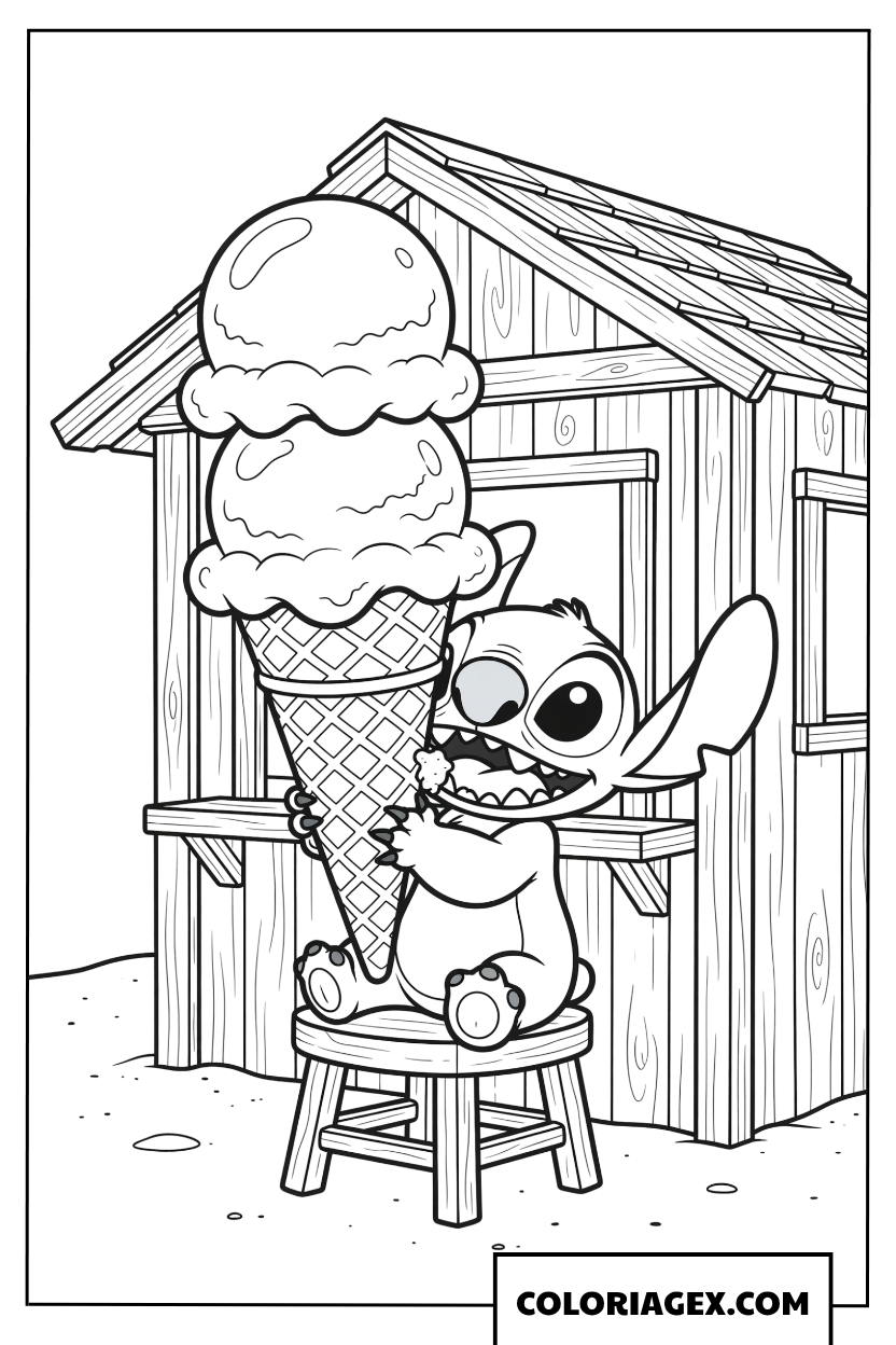 Dessin Stitch mangeant une grande glace rafraichissante en ete