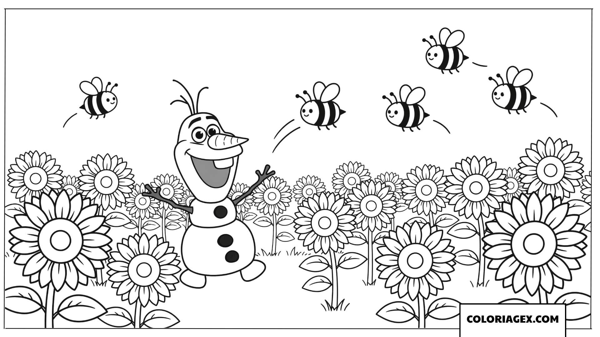 Dessin à colorier d'Olaf heureux au milieu d'un champ de tournesols en été.