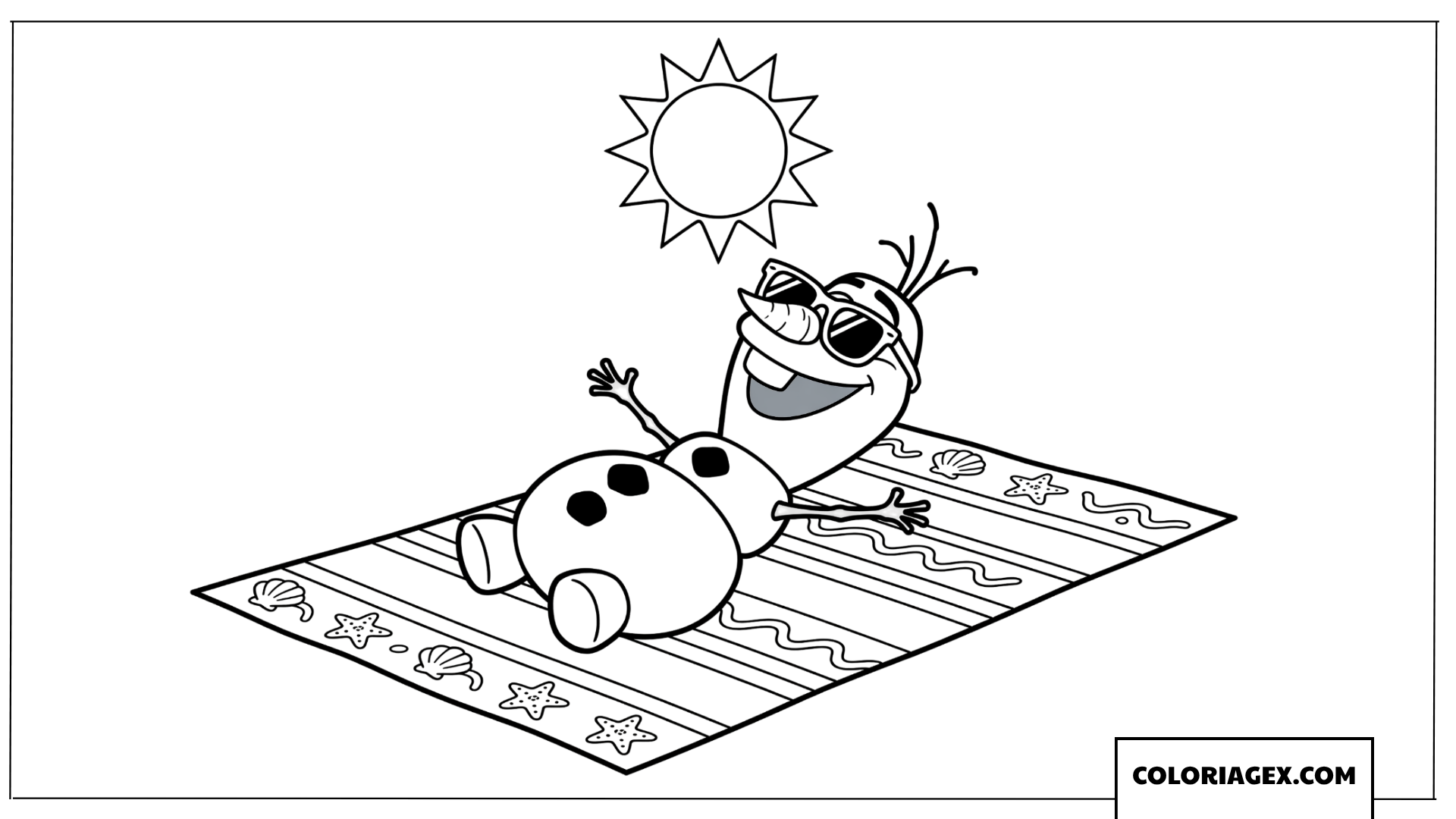 Dessin à colorier d'Olaf portant des lunettes de soleil et prenant un bain de soleil sur la plage en été.