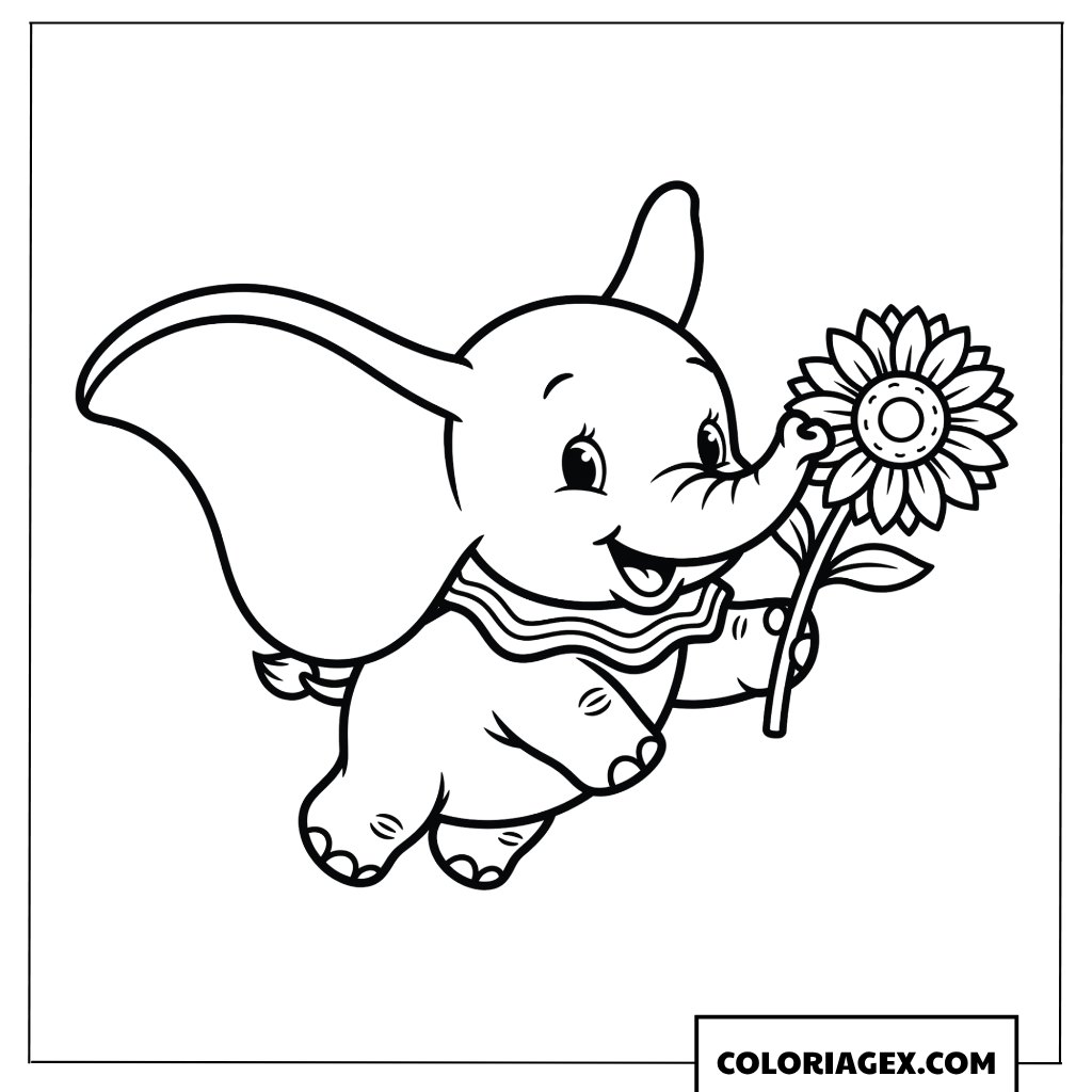 Dessin à colorier de Dumbo en version chibi tenant un tournesol en été.