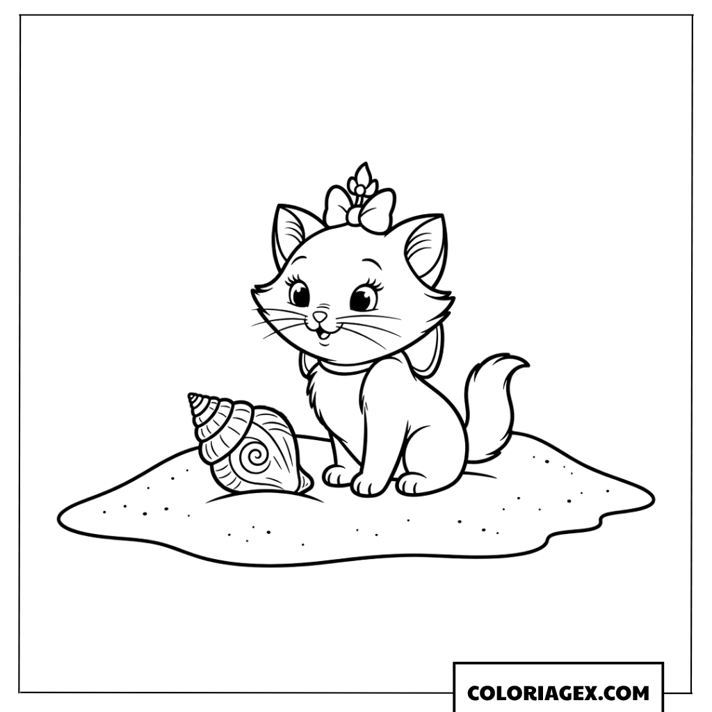 Dessin à colorier de Marie chibi jouant avec des coquillages sur le sable en été.