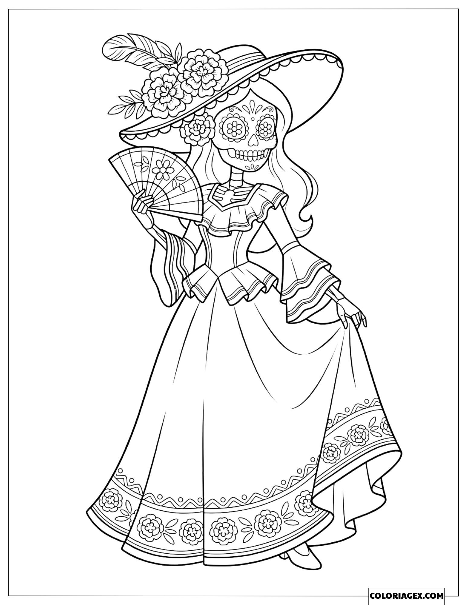 Dessin à colorier de la Dame La Catrina en robe élégante tenant un éventail