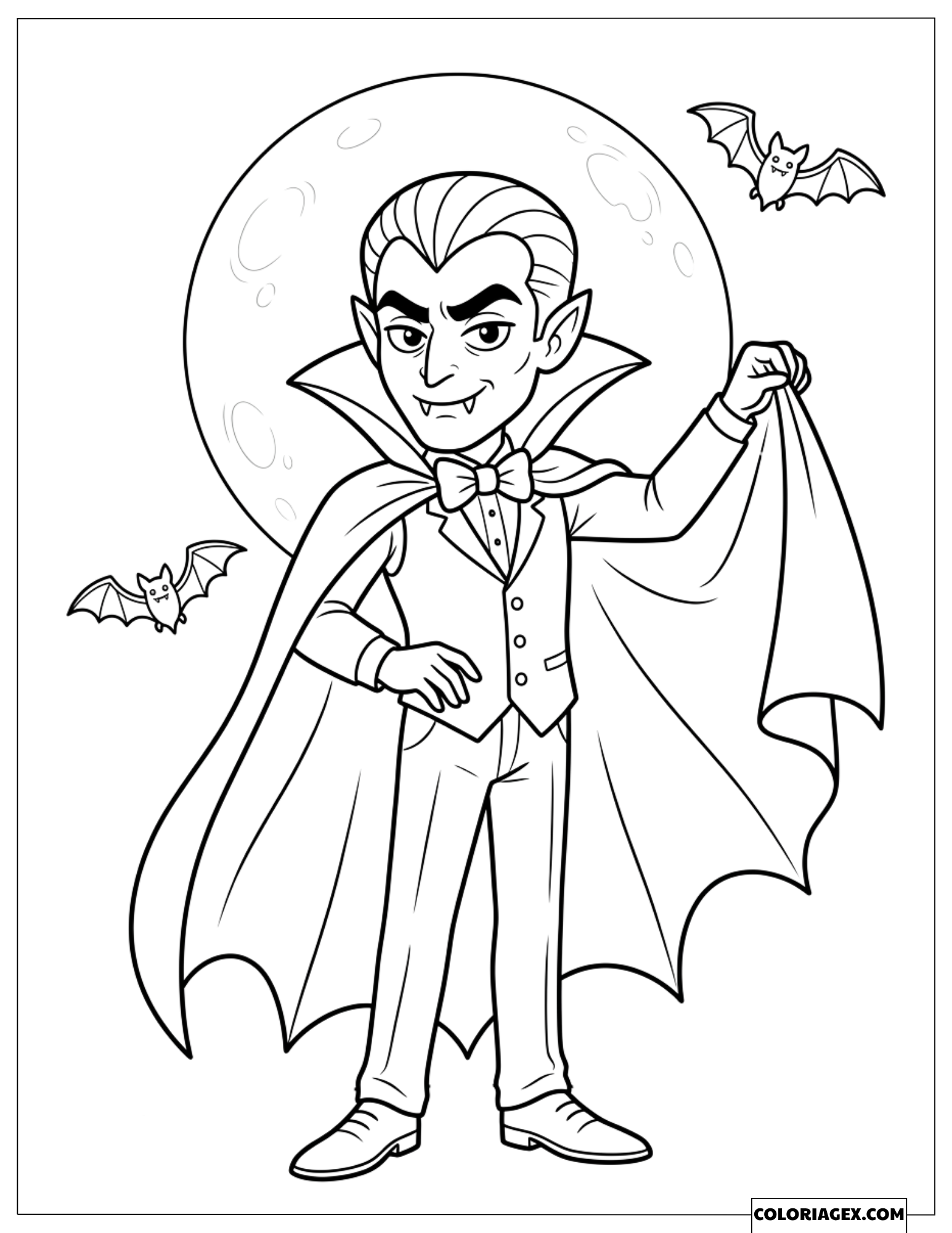 Dessin à colorier du Comte Vampire debout ouvrant sa cape
