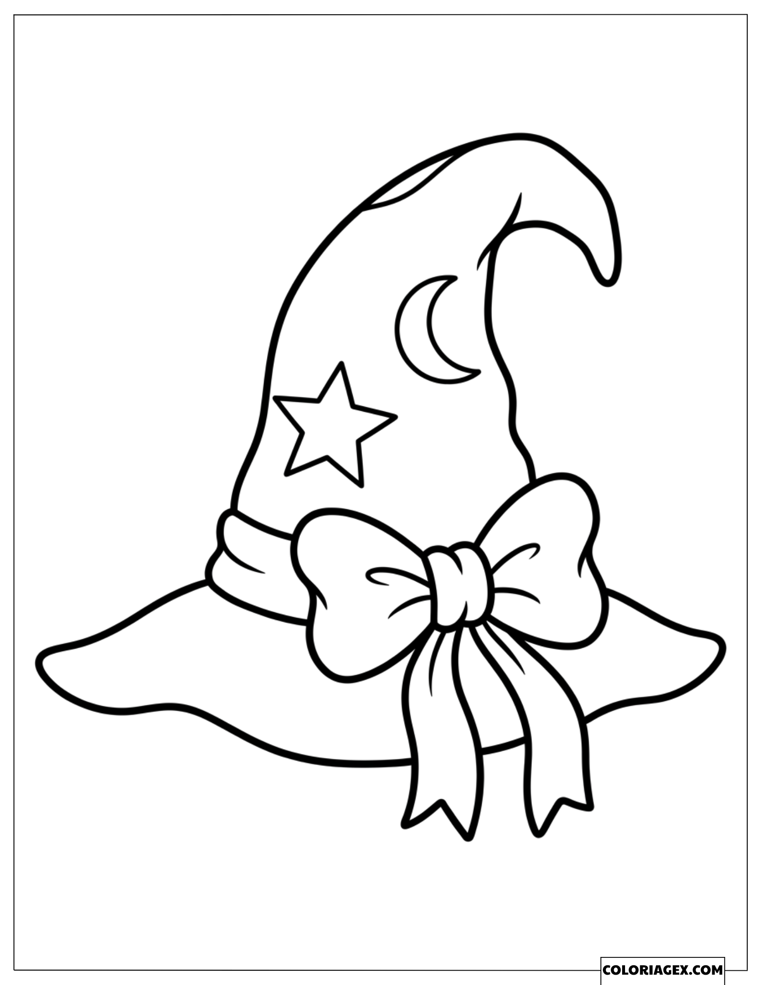 Dessin à colorier d'un Chapeau de sorcière avec une étoile et un croissant de lune