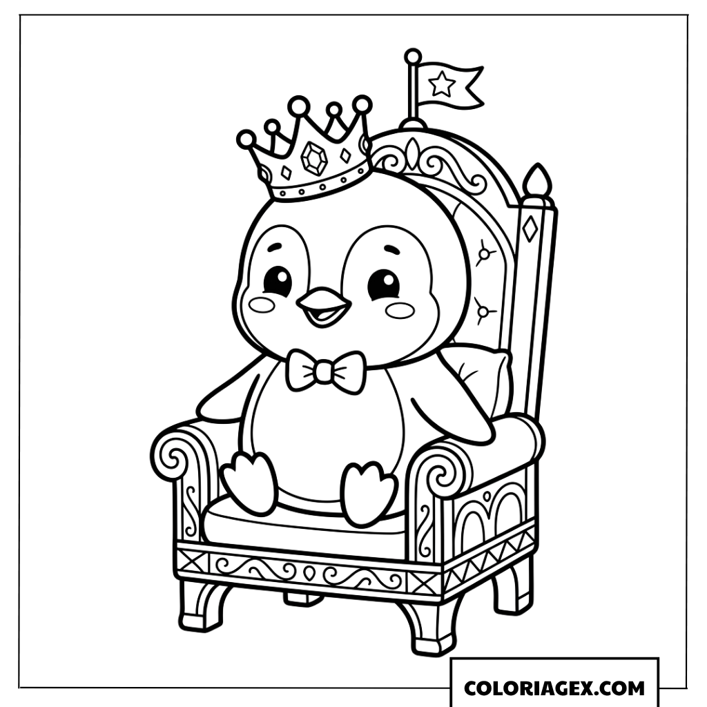 Dessin bébé pingouin avec couronne sur trône