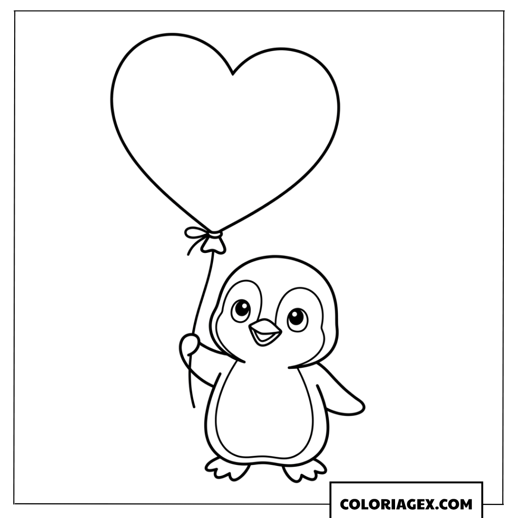 Dessin bébé pingouin tenant ballon cœur