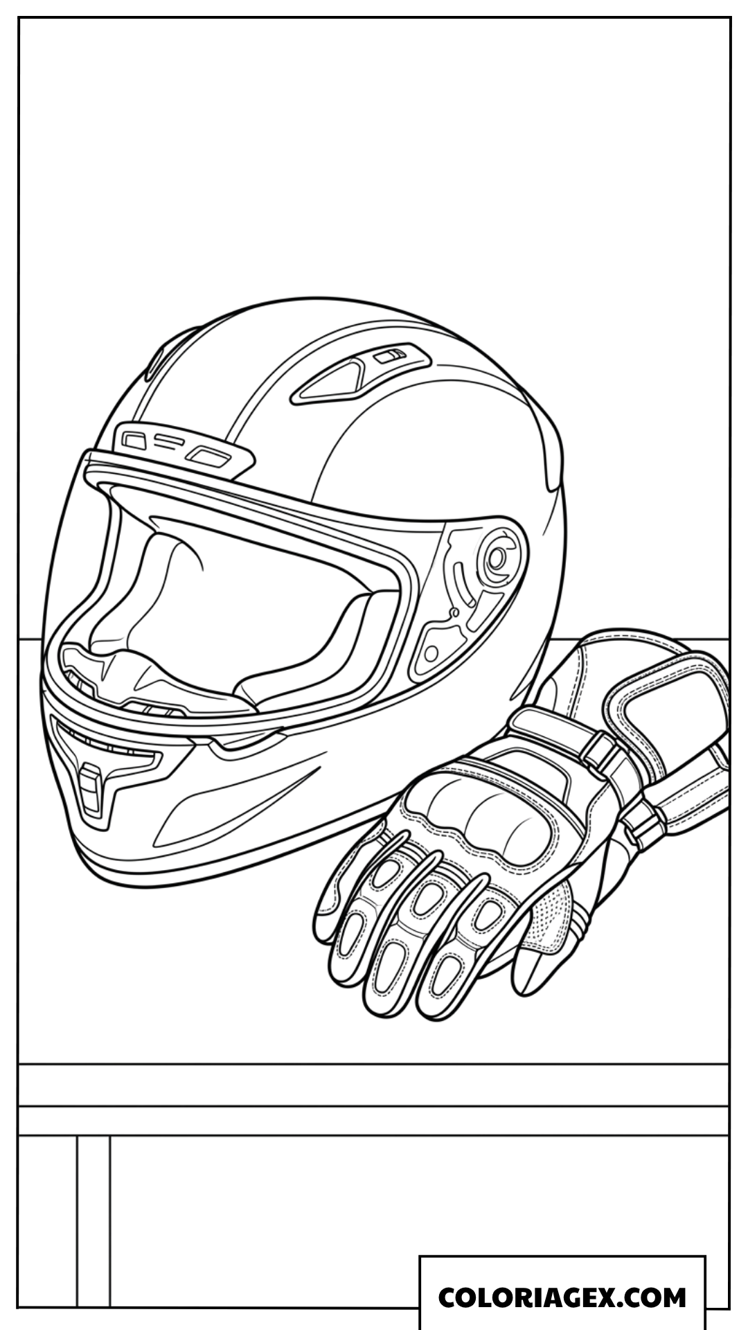 Dessin d un casque de moto integrale et d une paire de gants sur la table