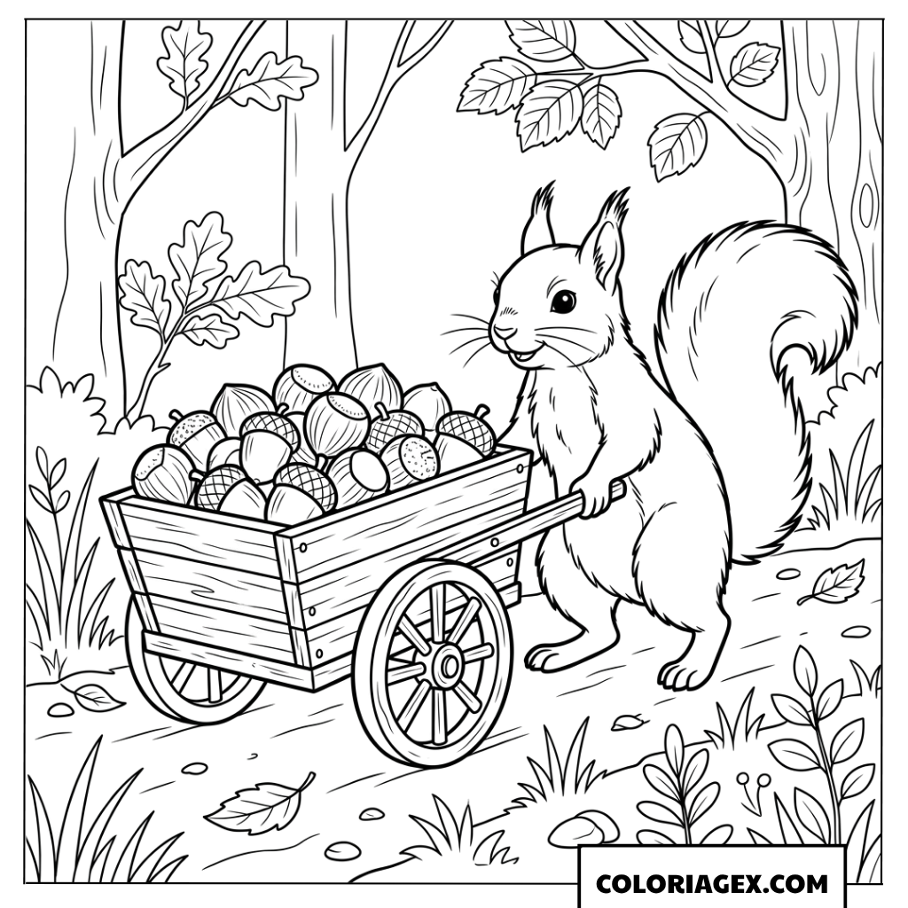 Dessin d un ecureuil poussant un chariot rempli de glands